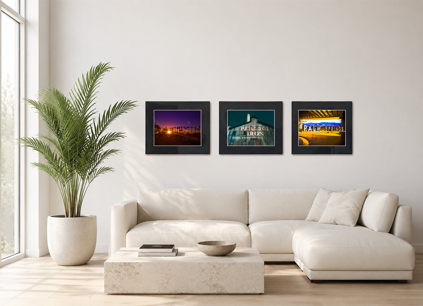 Three framed fine art photography prints displayed as a triptych gallery wall above a sofa with plant.