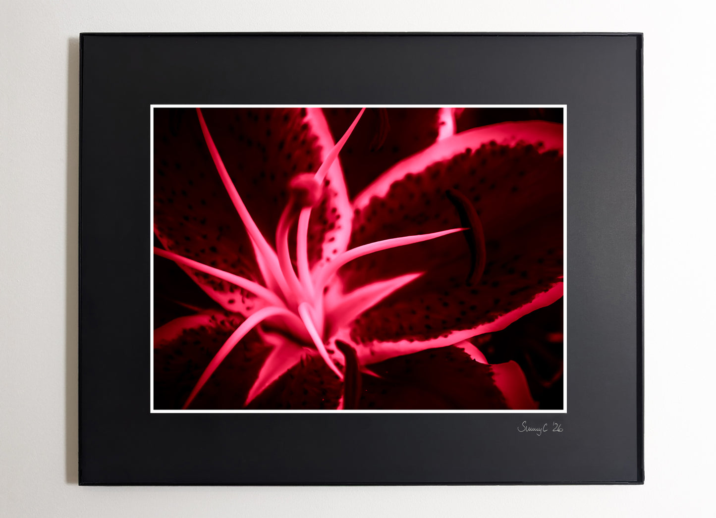 Abstract lily art print with dynamic shapes in red. Perfectly combined with the green and yellow versions
