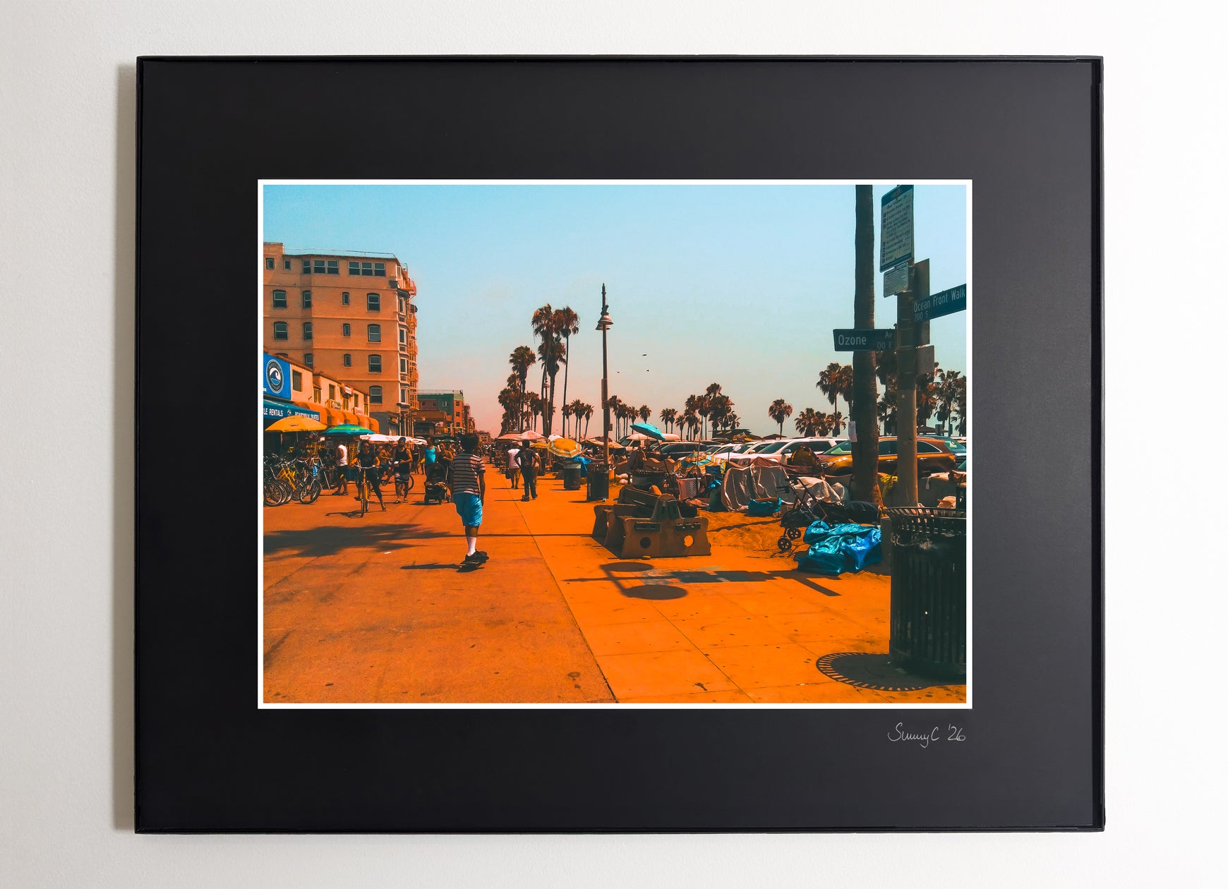 Framed photo print of Venice Beach boardwalk, capturing California's lively coastal atmosphere and summer vibe