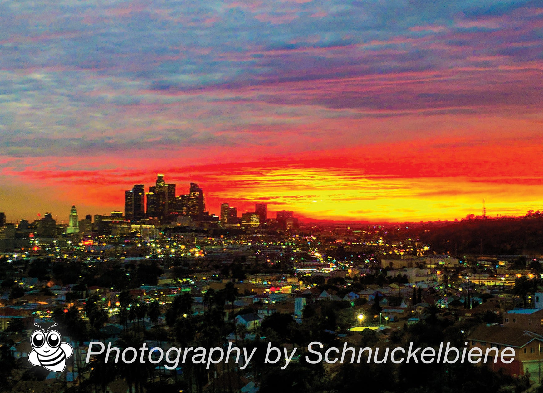Framed cityscape print with a vibrant sunset over downtown Los Angeles  skyline