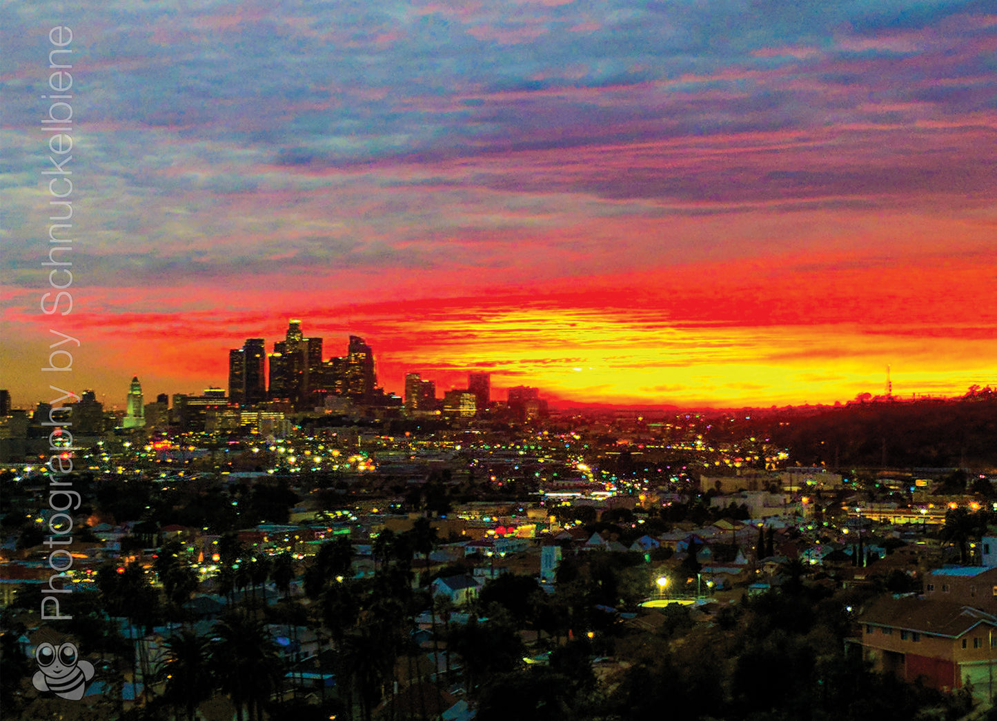 Framed cityscape print with a vibrant sunset over downtown Los Angeles  skyline