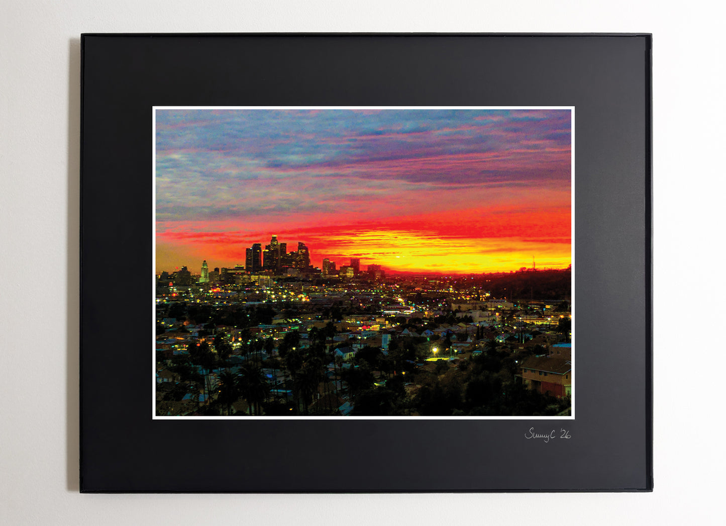 Framed cityscape print with a vibrant sunset over downtown Los Angeles  skyline