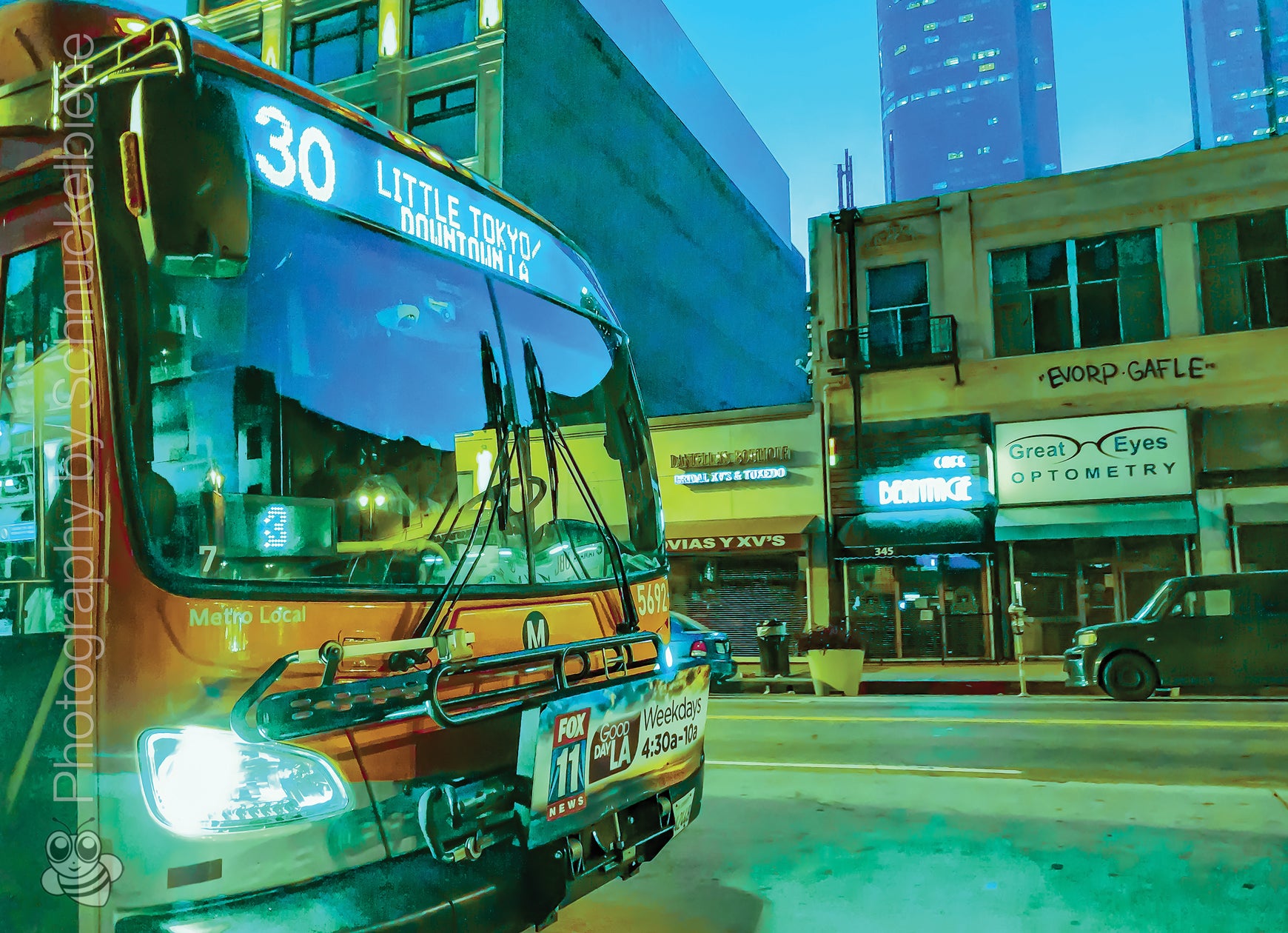 City bus in Downtown Los Angeles heading to Little Tokyo