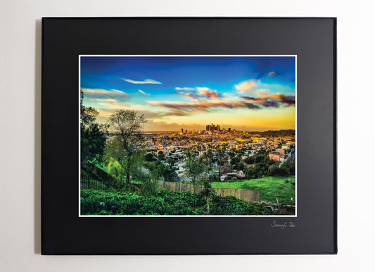 Framed downtown Los Angeles view photograph with a scenic view of the city