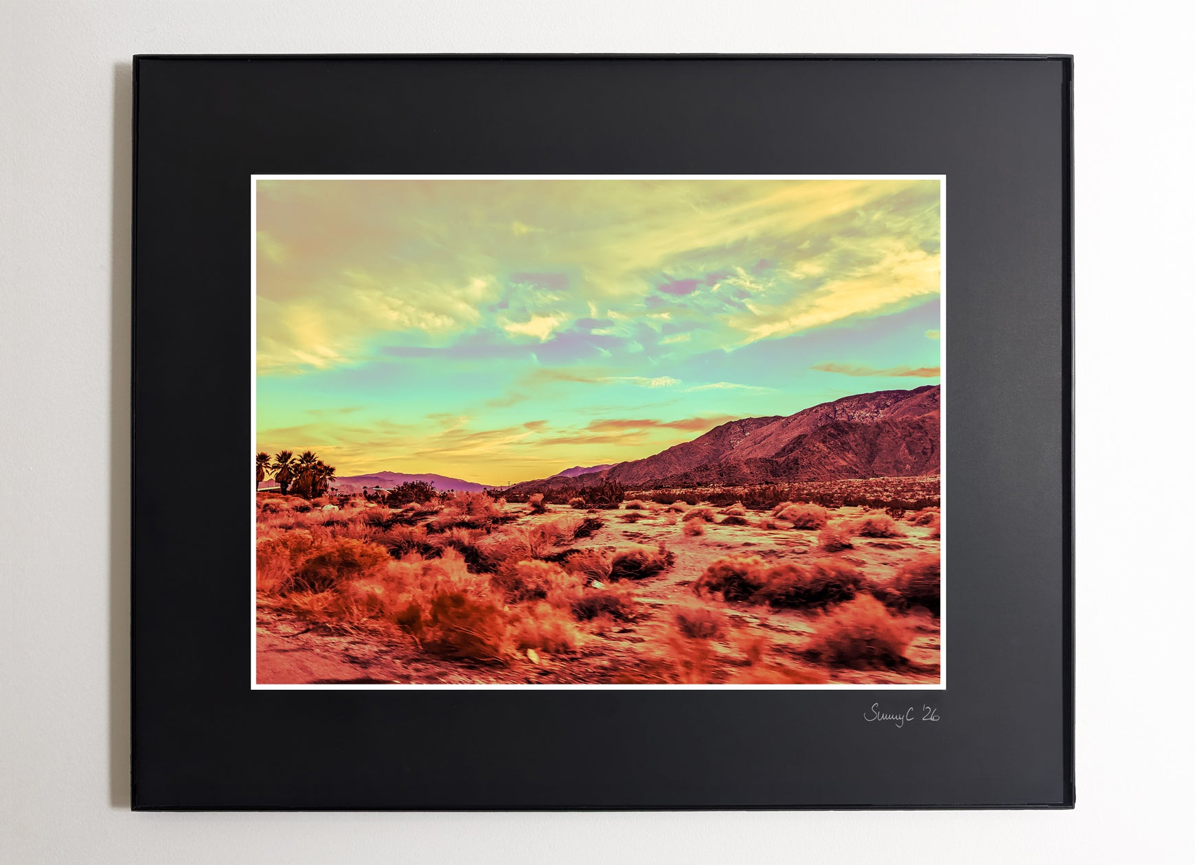 Framed artwork of a desert landscape near highway No. 1 with a blue sky