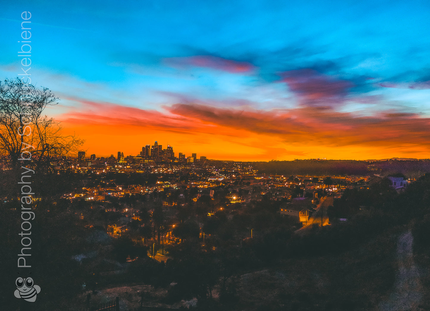 Framed photograph of the skyline of downtown Los Angeles with an orange-blue sunset