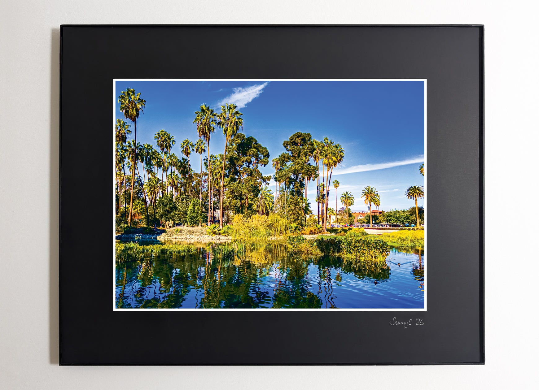 Framed photograph of the Echo Park lake with palm trees reflected in water