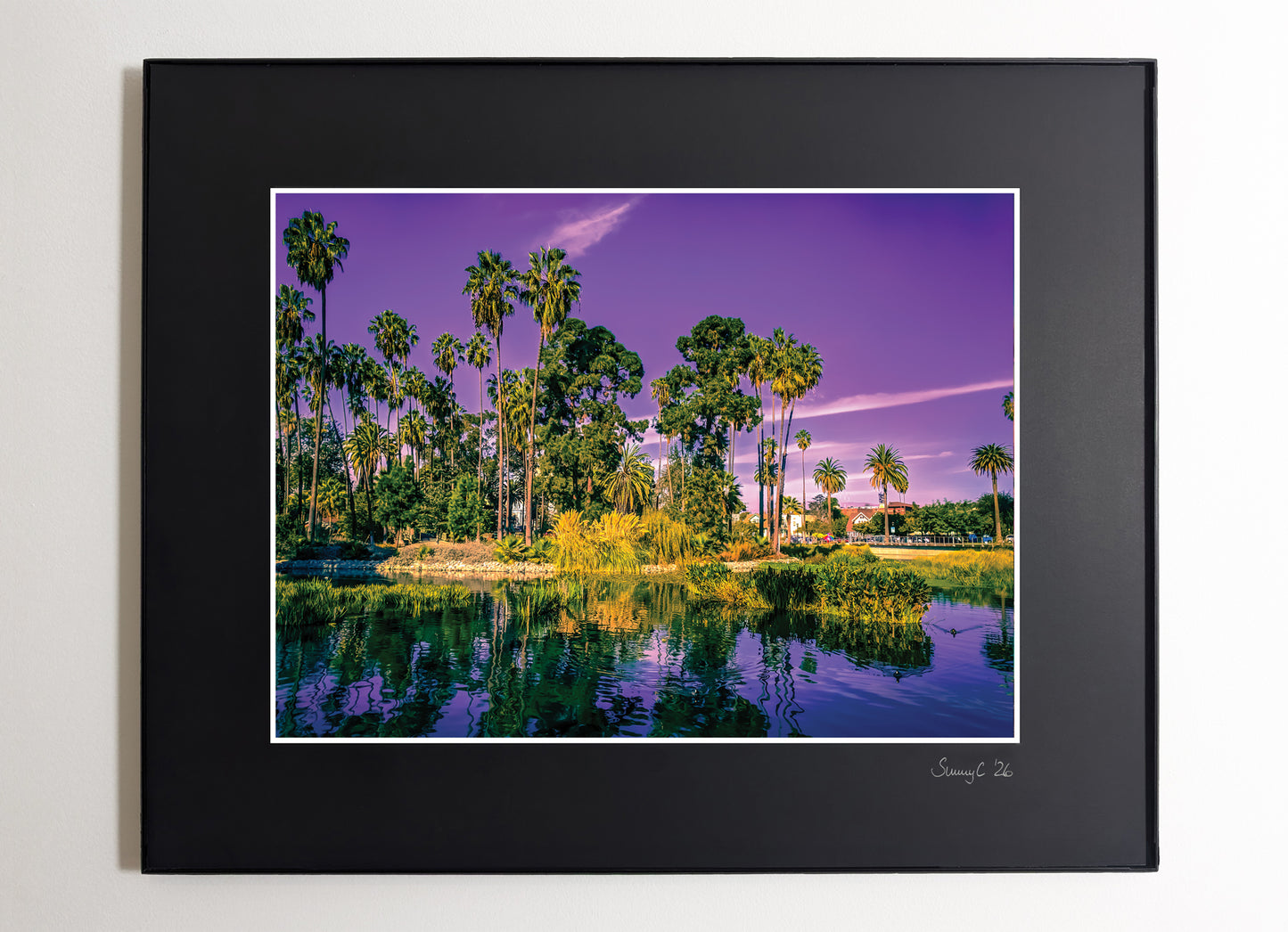 Framed photograph of the Echo Park lake with palm trees reflected in water