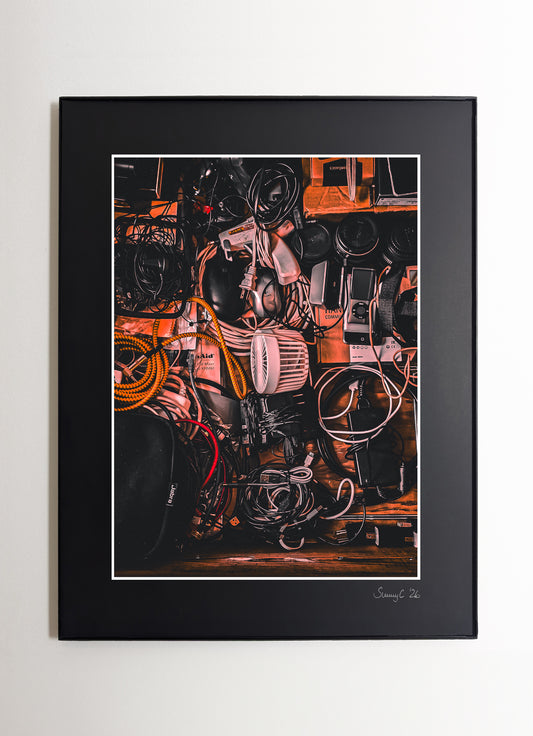 Fine art photo of an electronics drawer filled with tangled cables, tech gear, and everyday devices – ideal wall art for creative or studio spaces