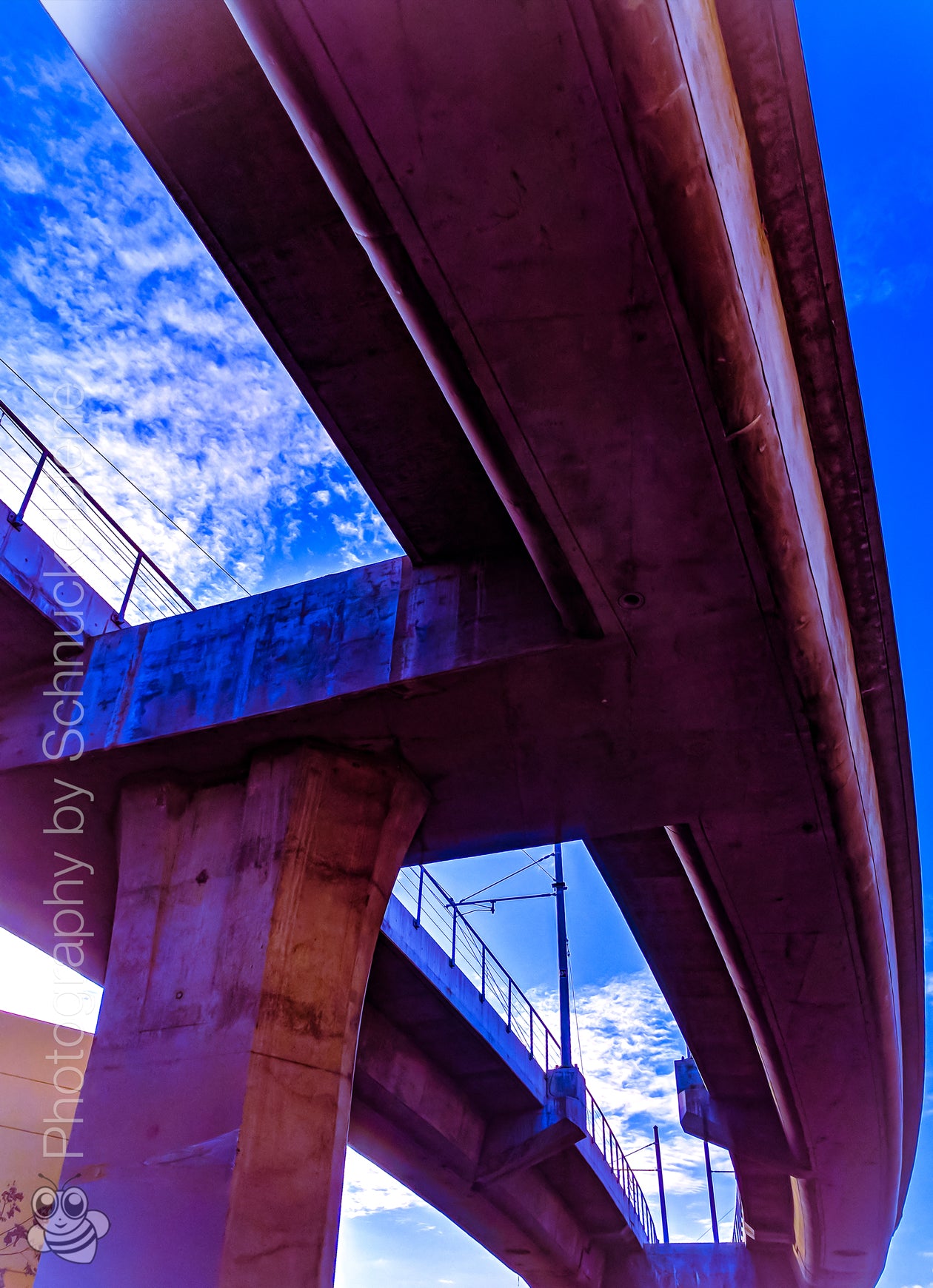 Fine art photo of a purple-lit freeway bridge in Downtown Los Angeles at night, showcasing urban architecture and city atmosphere
