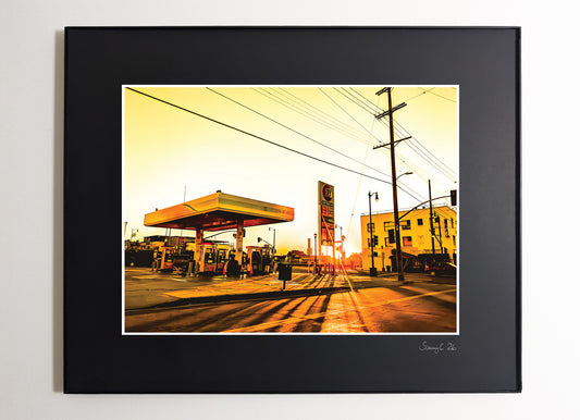 Los Angeles gas station at golden hour, atmospheric urban photography print