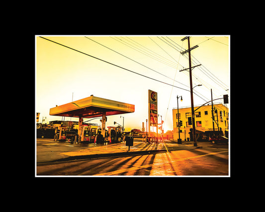 Gas Station on Broadway I Limited edition, signed, digital print, black frame, 3 sizes