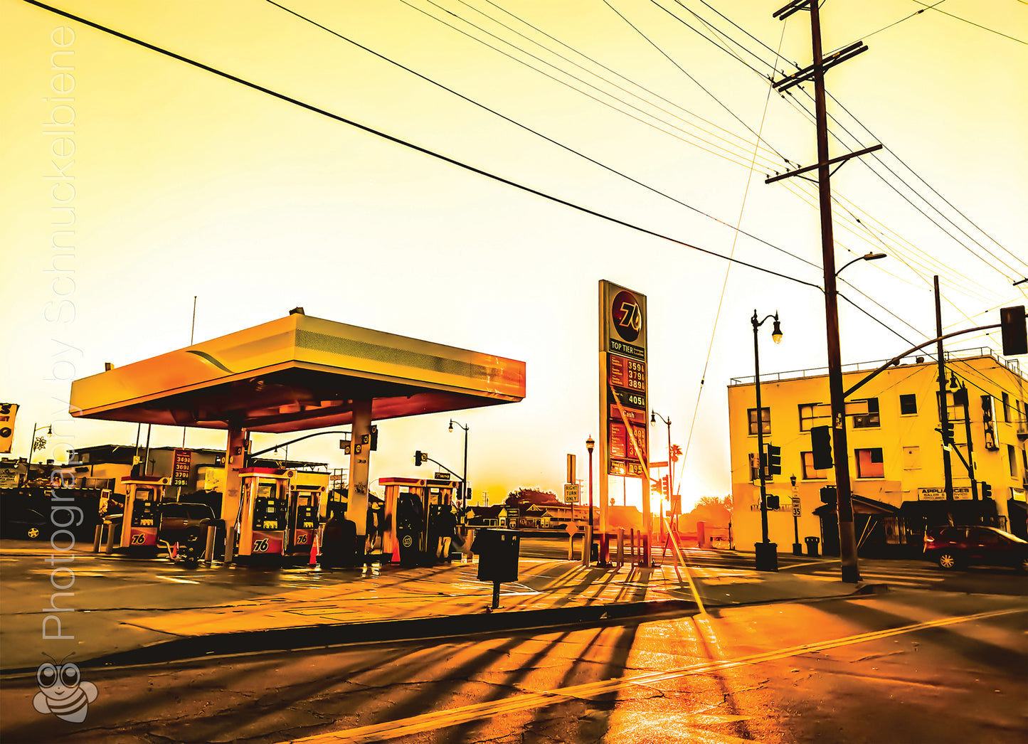 Los Angeles gas station at golden hour, atmospheric urban photography print