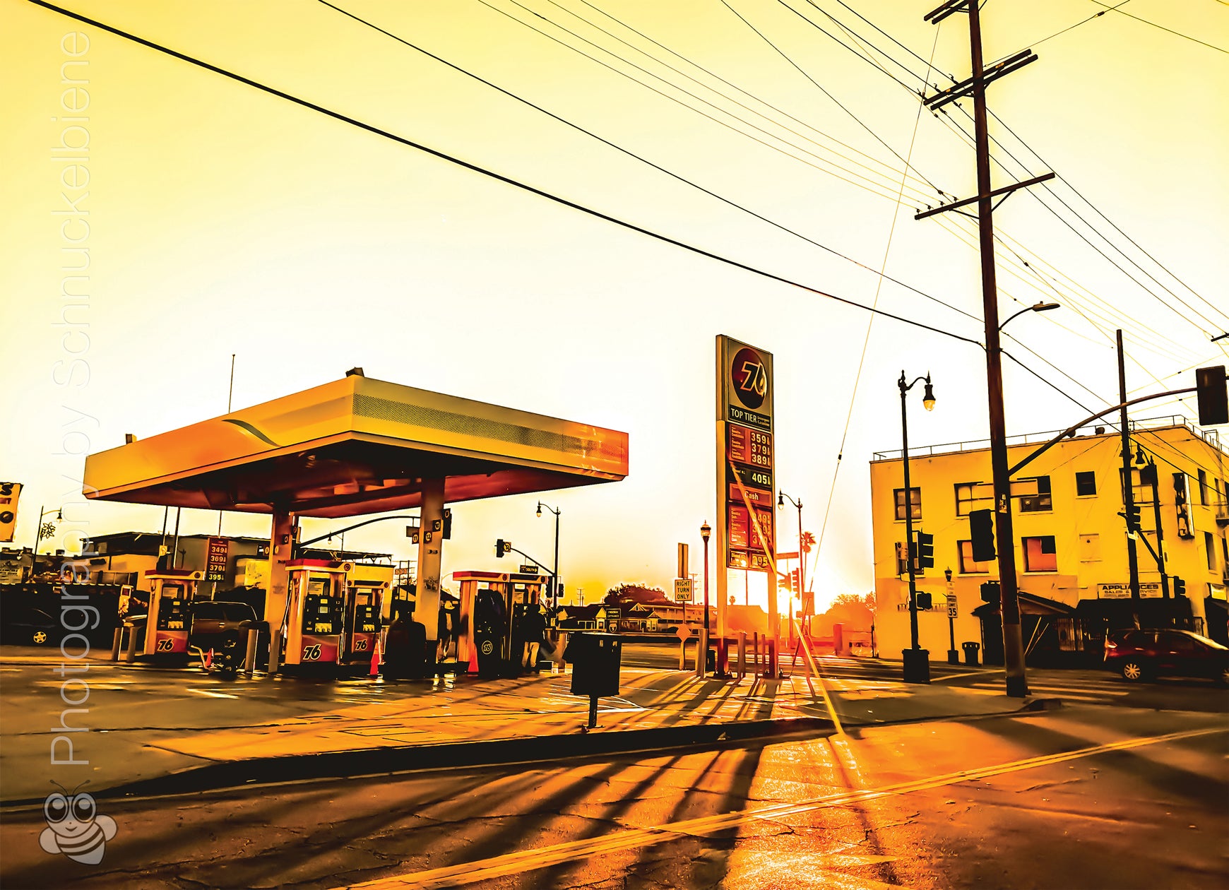 Los Angeles gas station at golden hour, atmospheric urban photography print