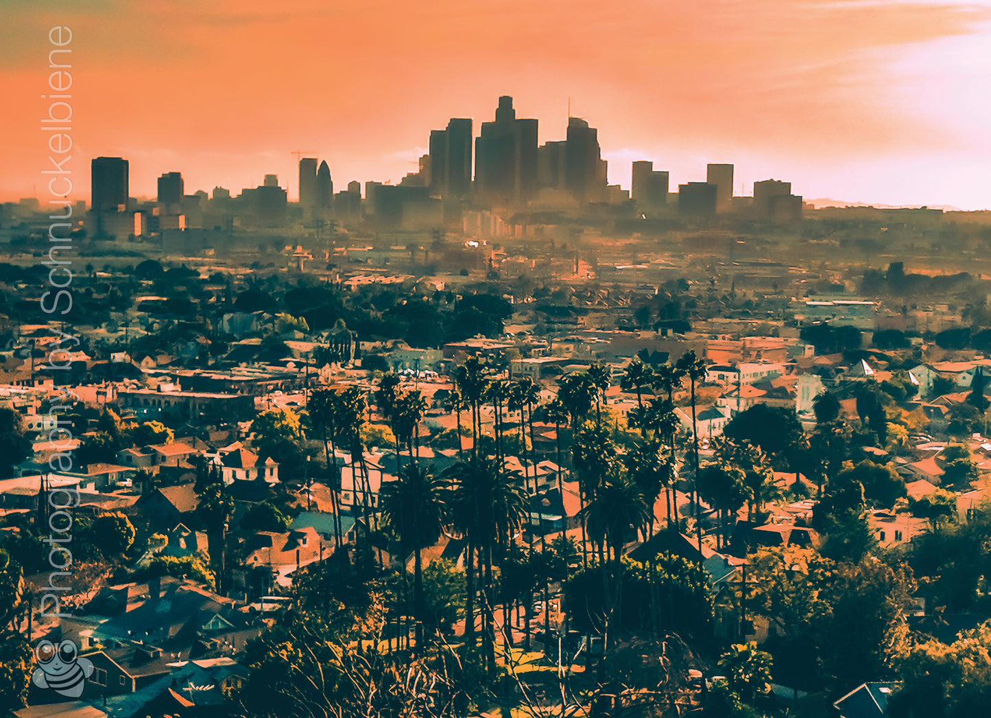 Framed cityscape print with a hazy sunset over the Downtown Los Angeles skyline