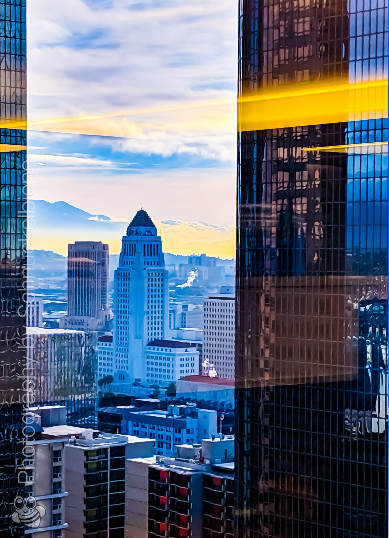 Framed photo of highrise buildings in Downtown Los Angeles, showcasing urban architecture and structural detail
