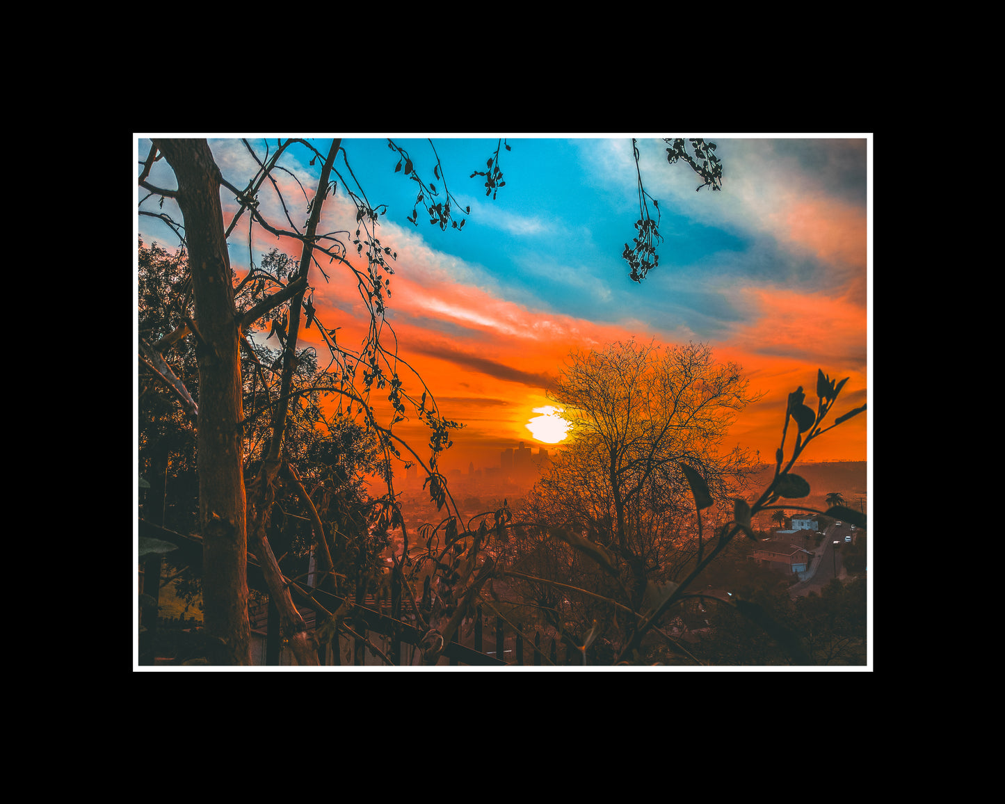 Mystic view of the DTLA skyline during sunset. One of my favorites! Great atmosphere setter in your living room! Limited edition, signed, digital print, black frame, 3 sizes Photography by Schnuckelbiene in Los Angeles, Southern California. Buy in a series and get a discount!