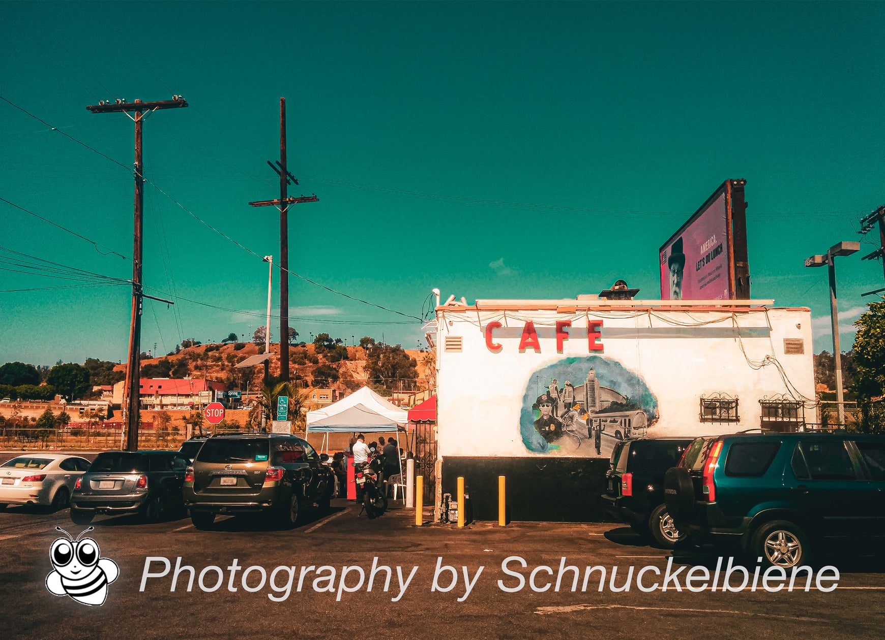 Nick’s Cafe near DTLA with warm California sunset light casting over the vintage diner