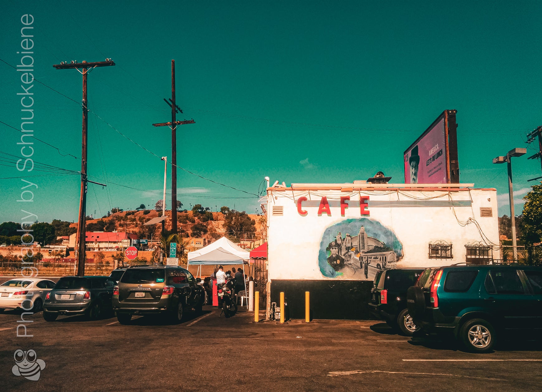 Nick’s Cafe near DTLA with warm California sunset light casting over the vintage diner