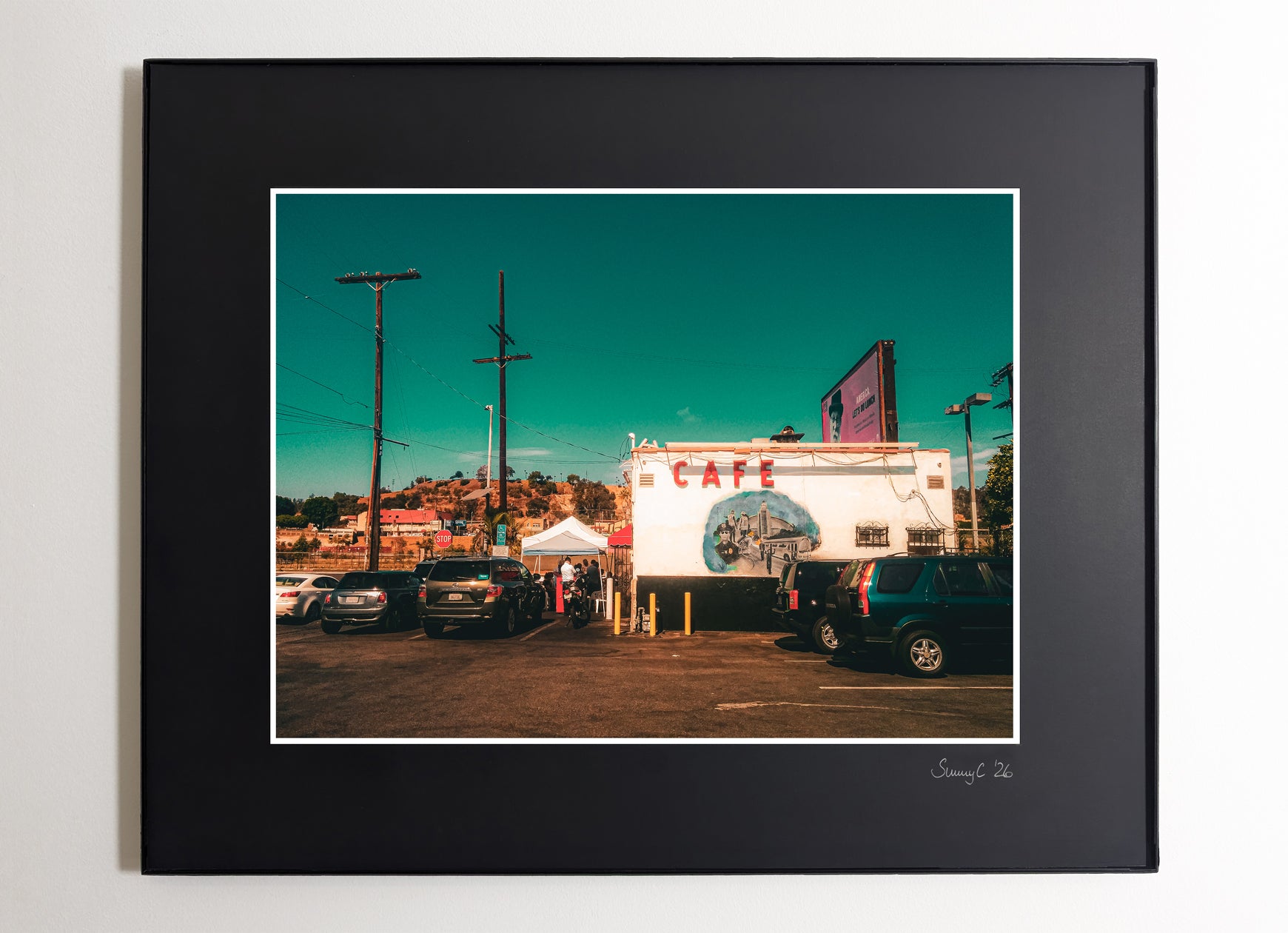 Nick’s Cafe near DTLA with warm California sunset light casting over the vintage diner