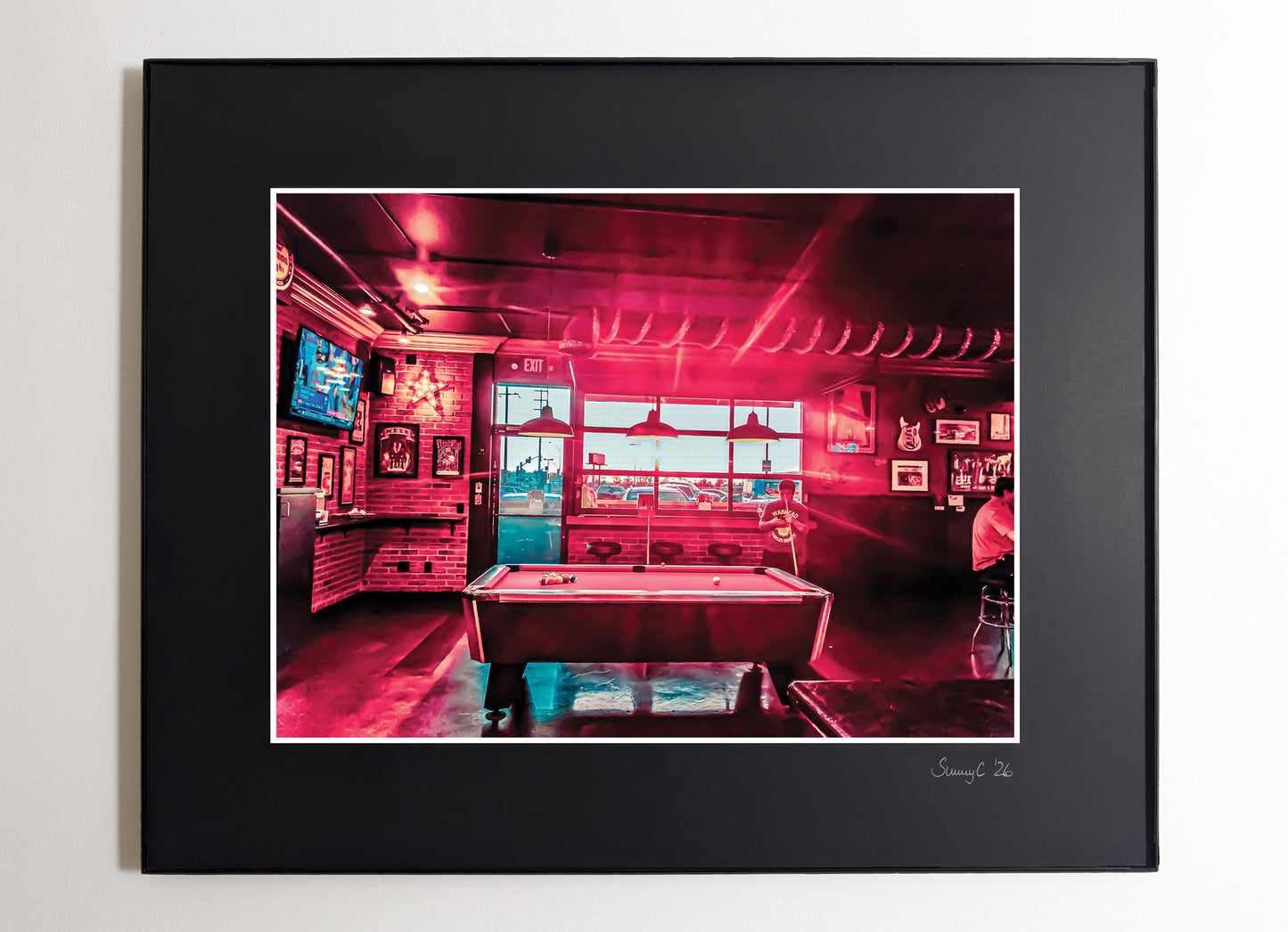 Neon-lit pool bar interior in Los Angeles, atmospheric photography print