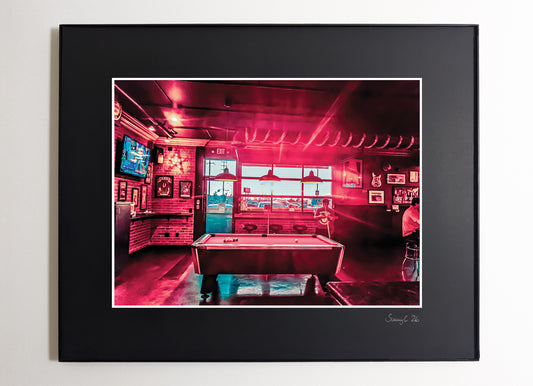 Neon-lit pool bar interior in Los Angeles, atmospheric photography print