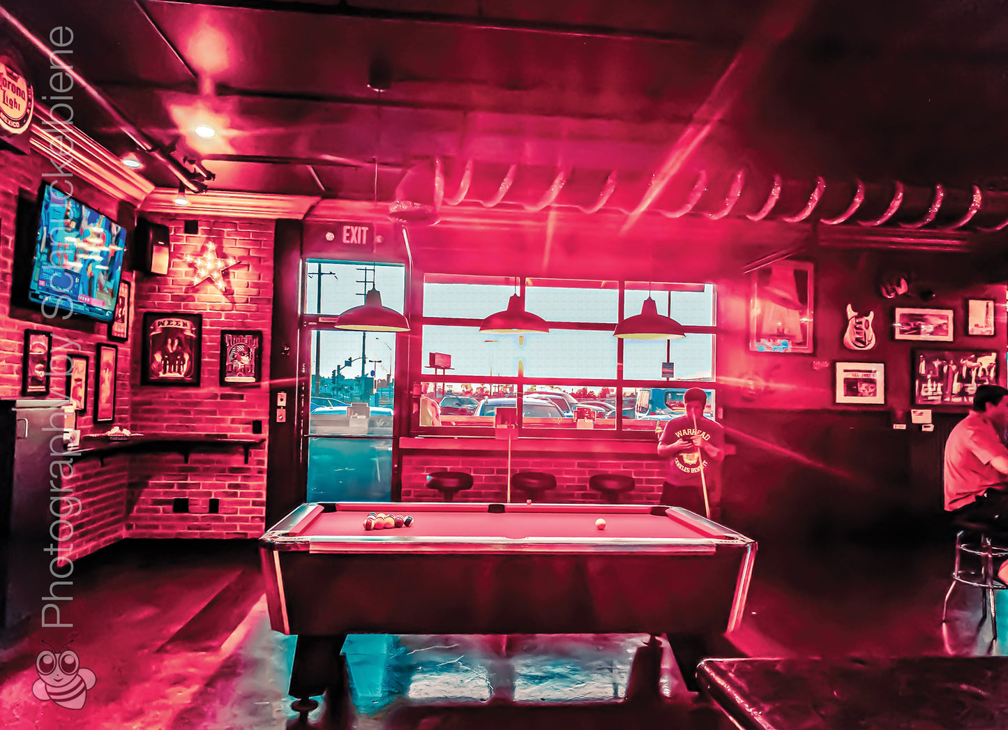 Neon-lit pool bar interior in Los Angeles, atmospheric photography print