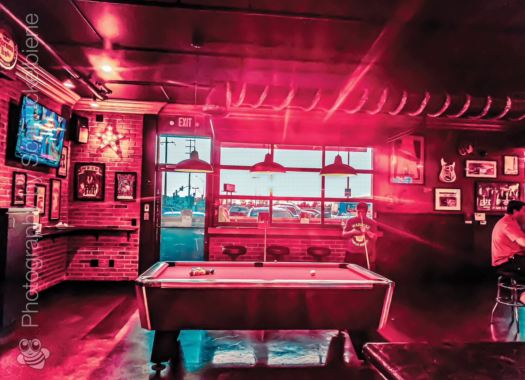 Neon-lit pool bar interior in Los Angeles, atmospheric photography print