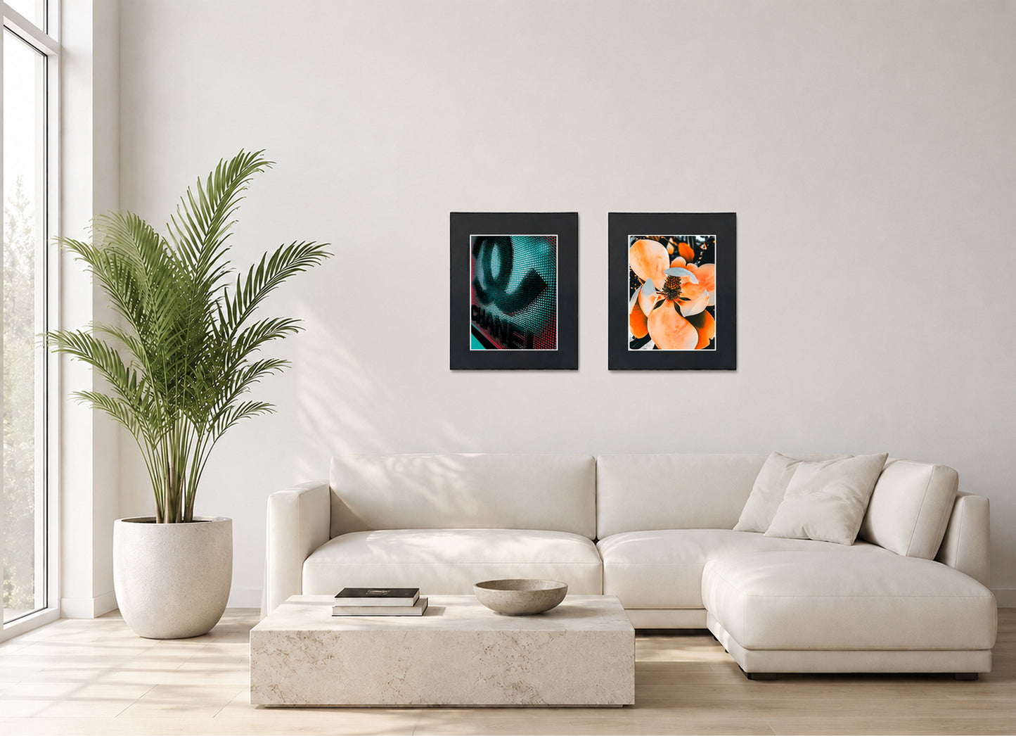 Three framed fine art photography prints displayed as a triptych gallery wall above a sofa with plant.