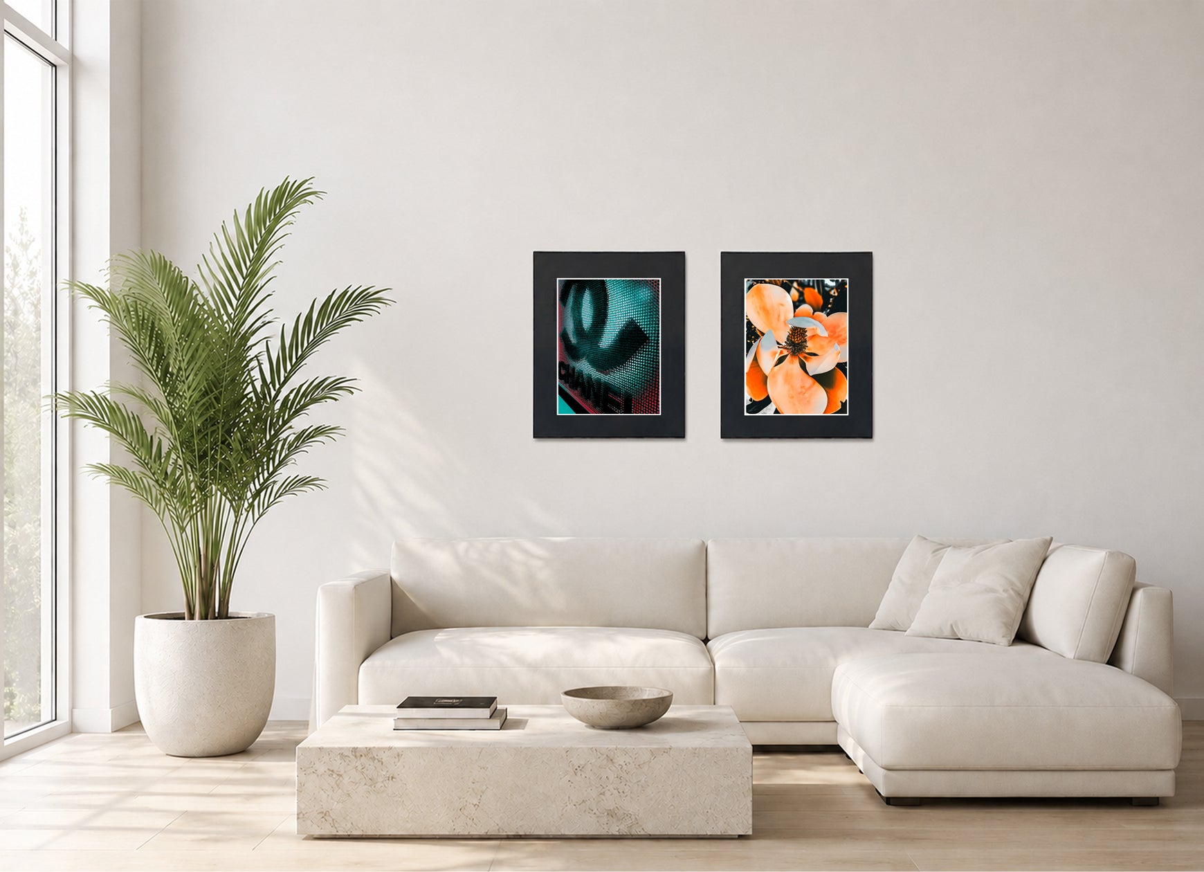 Three framed fine art photography prints displayed as a triptych gallery wall above a sofa with plant.