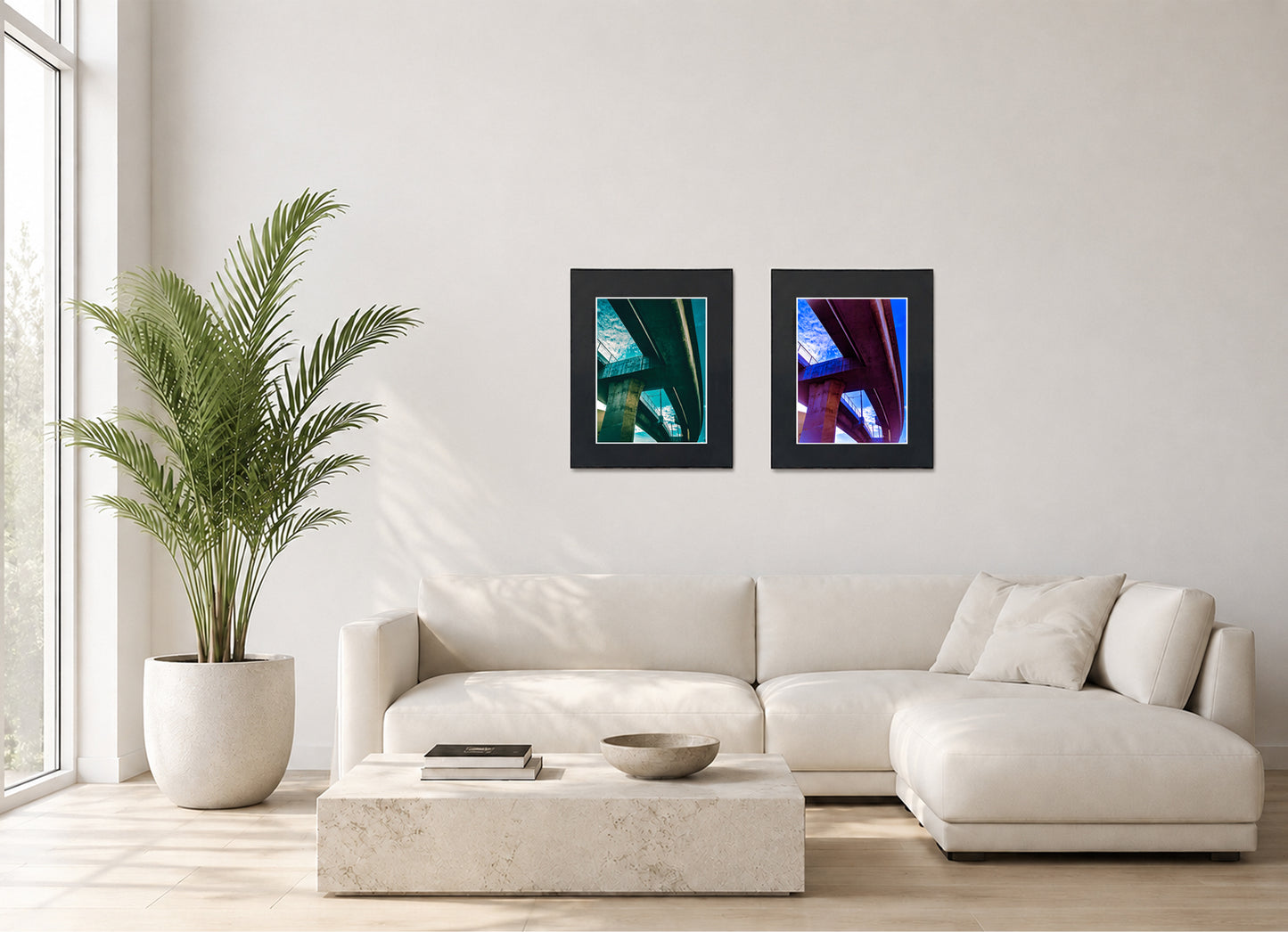Two framed fine art photography prints displayed as a diptych gallery wall above a sofa with plant.