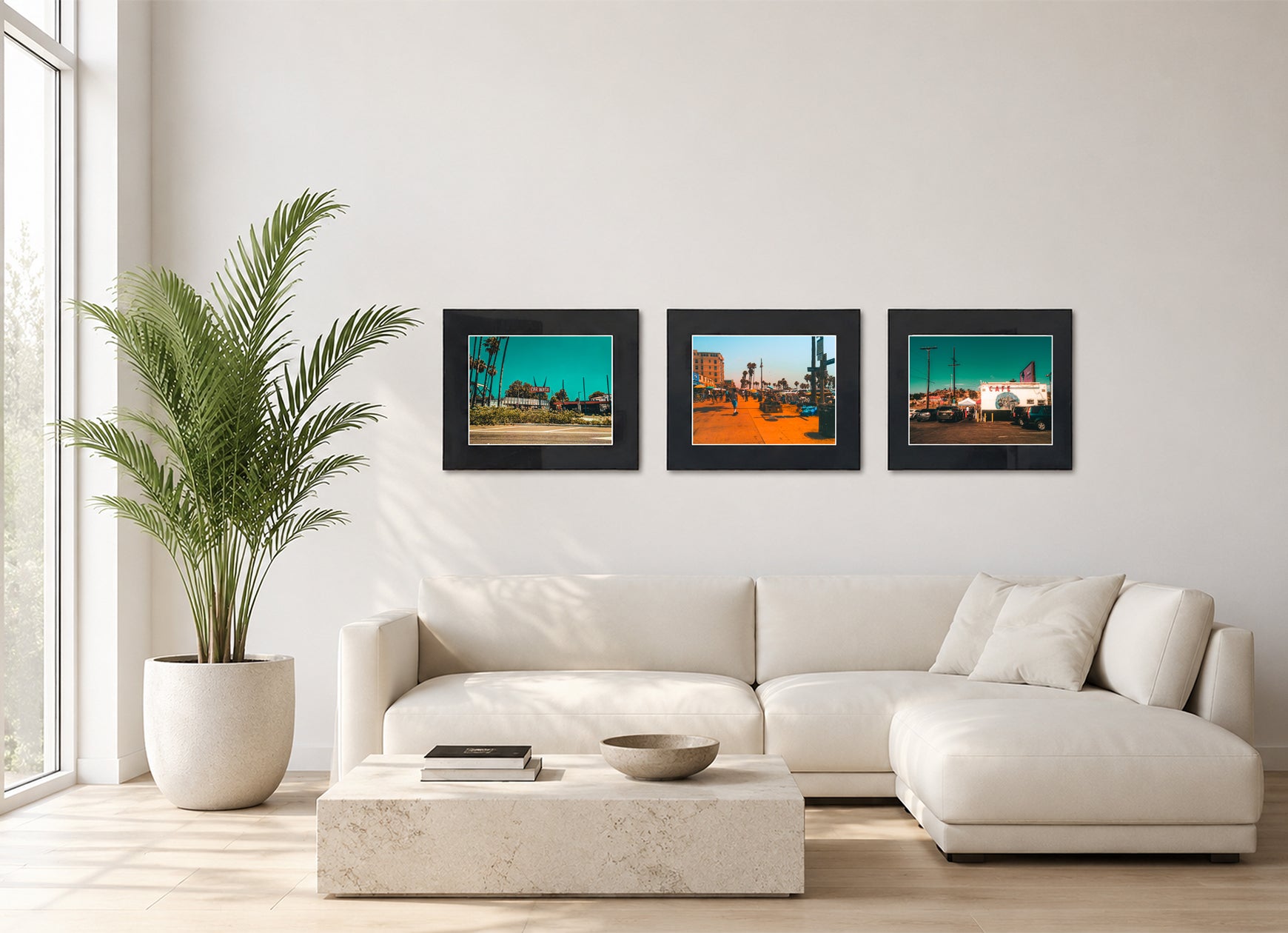 Three framed fine art photography prints displayed as a triptych gallery wall above a sofa with plant.