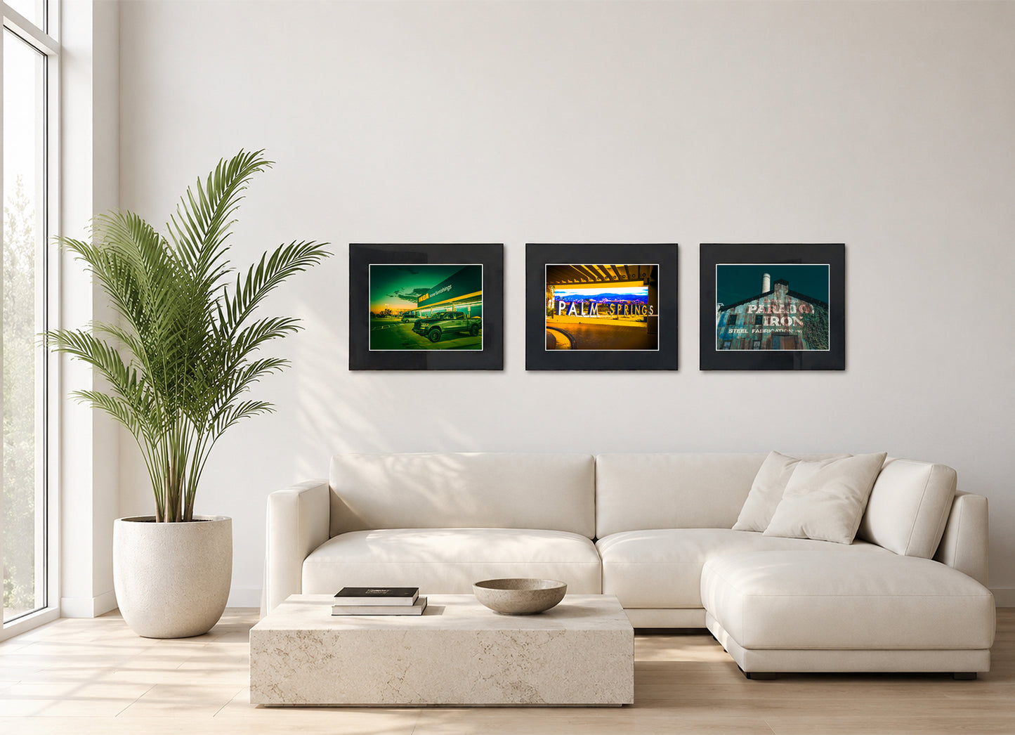 Three framed fine art photography prints displayed as a triptych gallery wall above a sofa with plant.