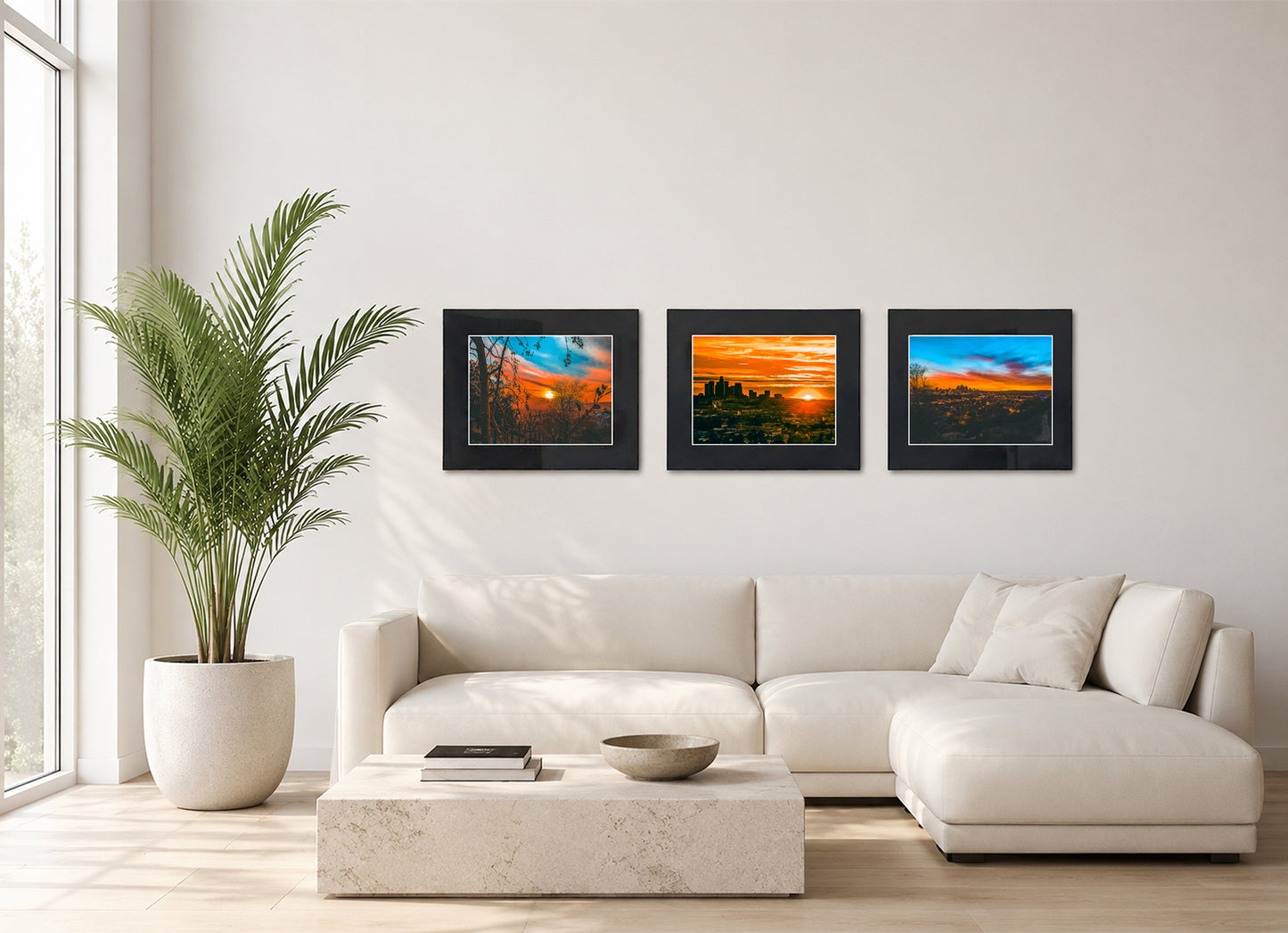 Three framed fine art photography prints displayed as a triptych gallery wall above a sofa with plant.