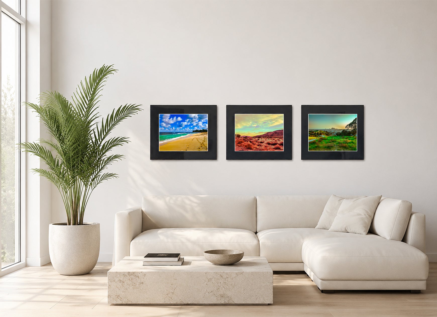 Three framed fine art photography prints displayed as a triptych gallery wall above a sofa with plant.