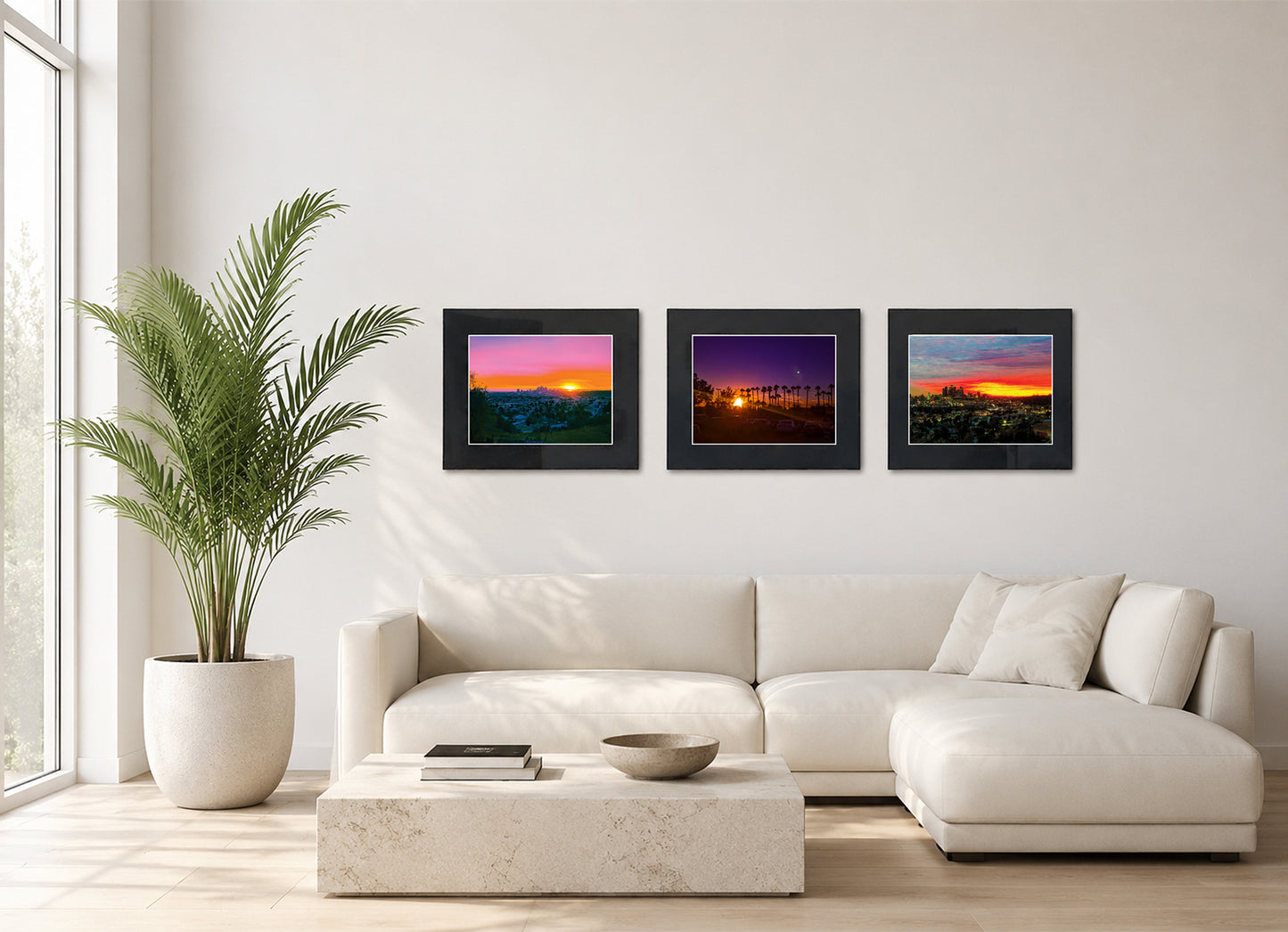 Two framed fine art photography prints displayed as a triptych gallery wall above a sofa with plant.