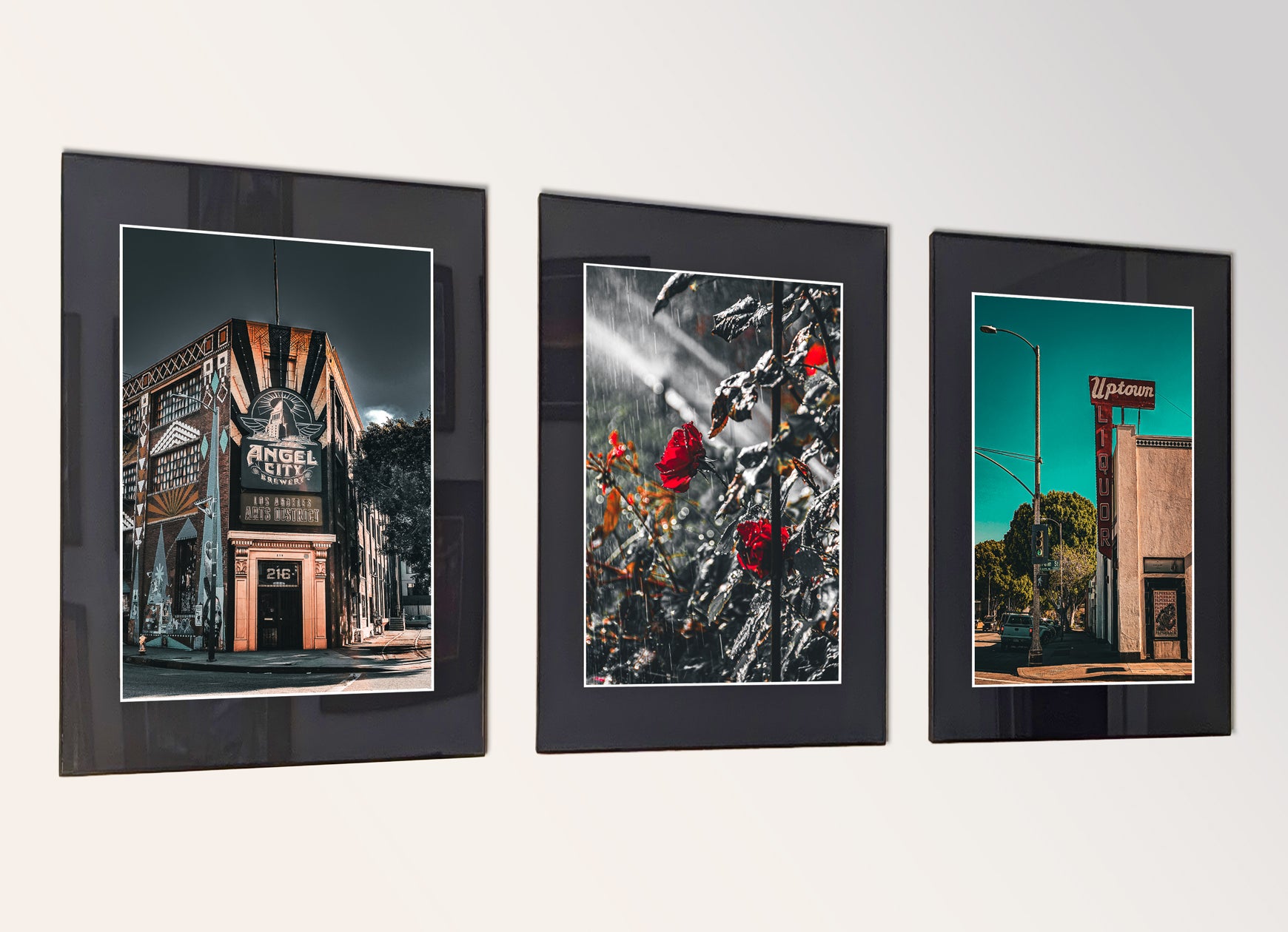 Three framed fine art photography prints arranged as a triptych gallery wall.
