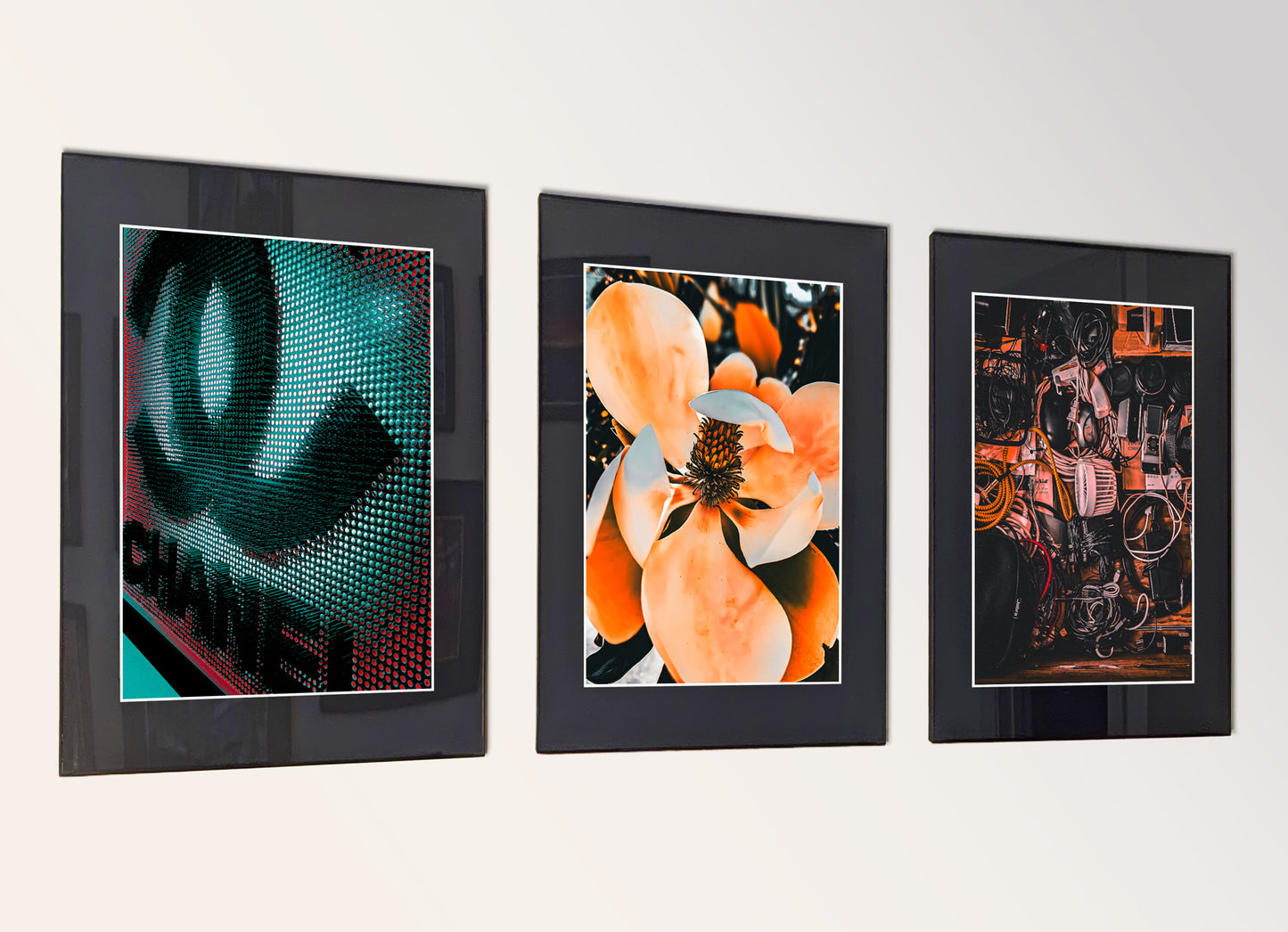 Three framed fine art photography prints arranged as a triptych gallery wall.