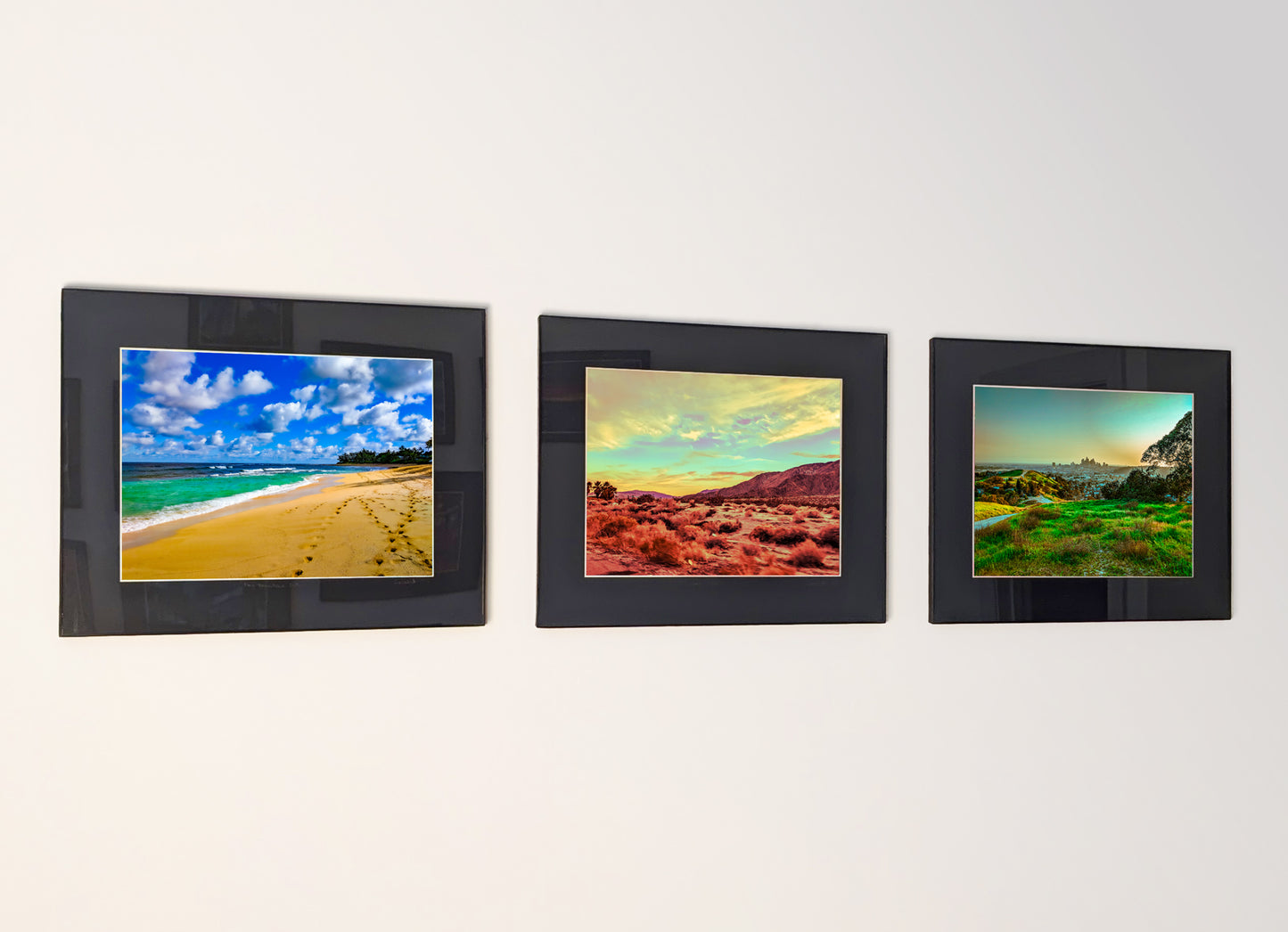Three framed fine art photography prints arranged as a triptych gallery wall.