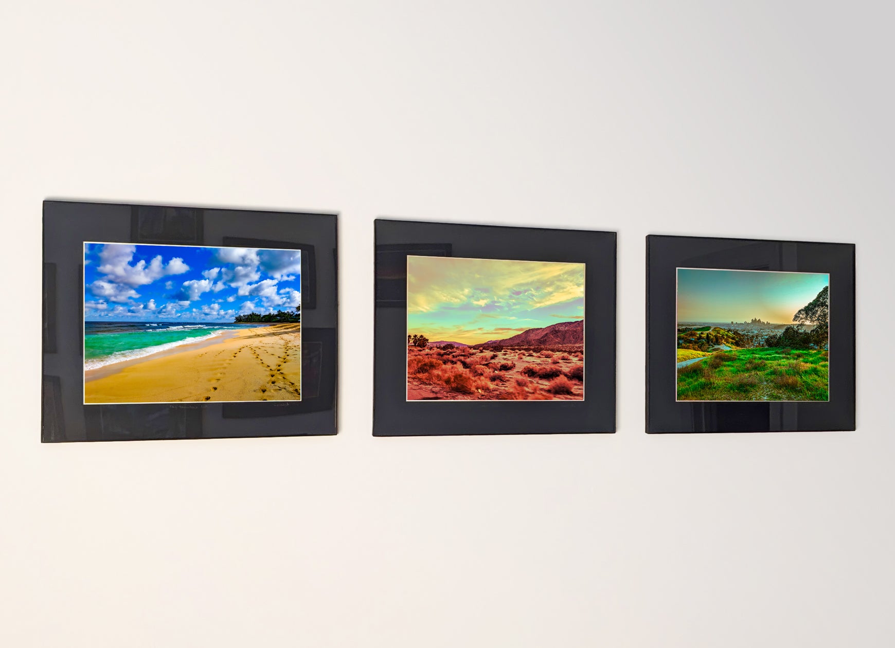 Three framed fine art photography prints arranged as a triptych gallery wall.
