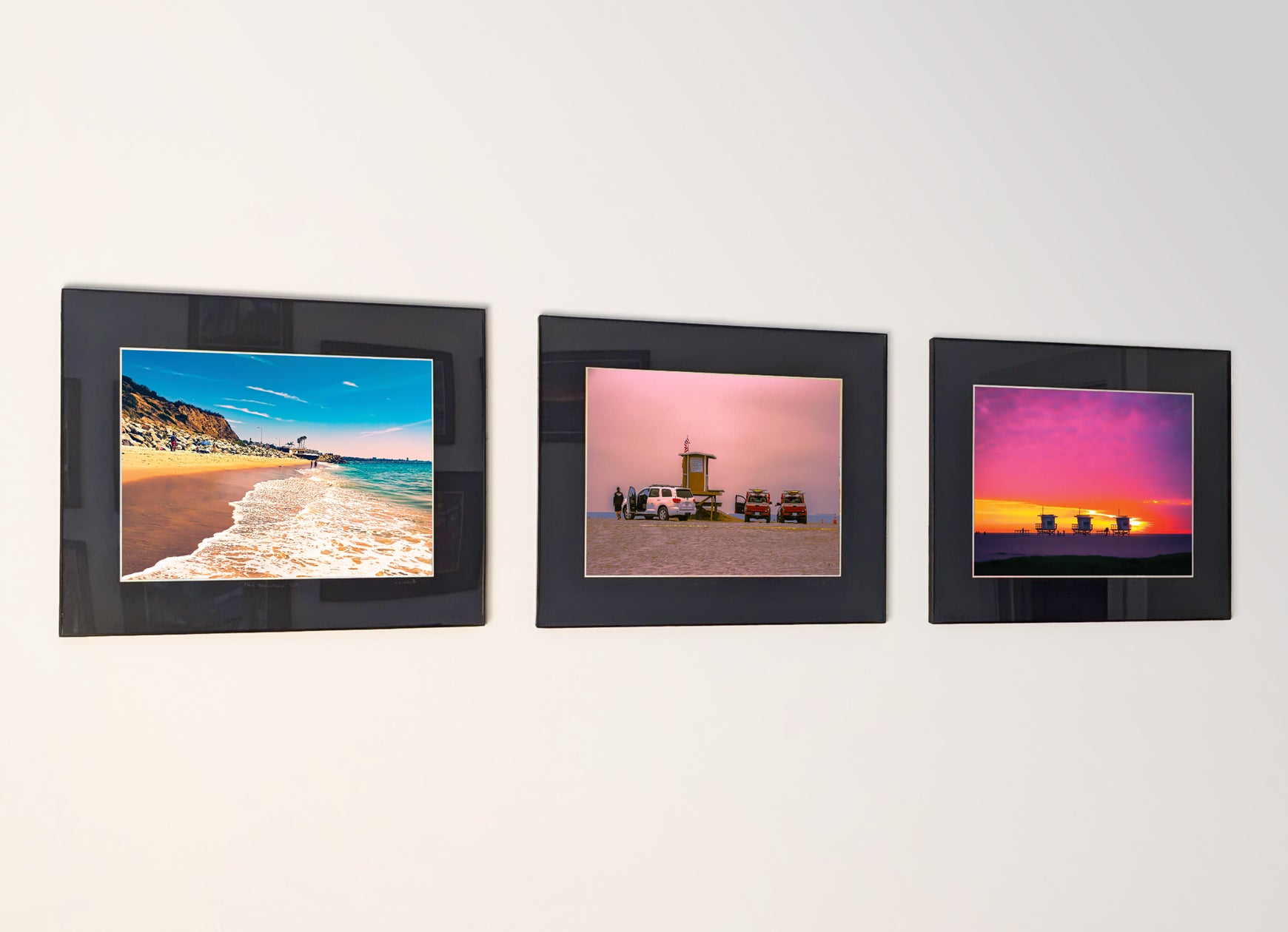 Three framed fine art photography prints arranged as a triptych gallery wall.