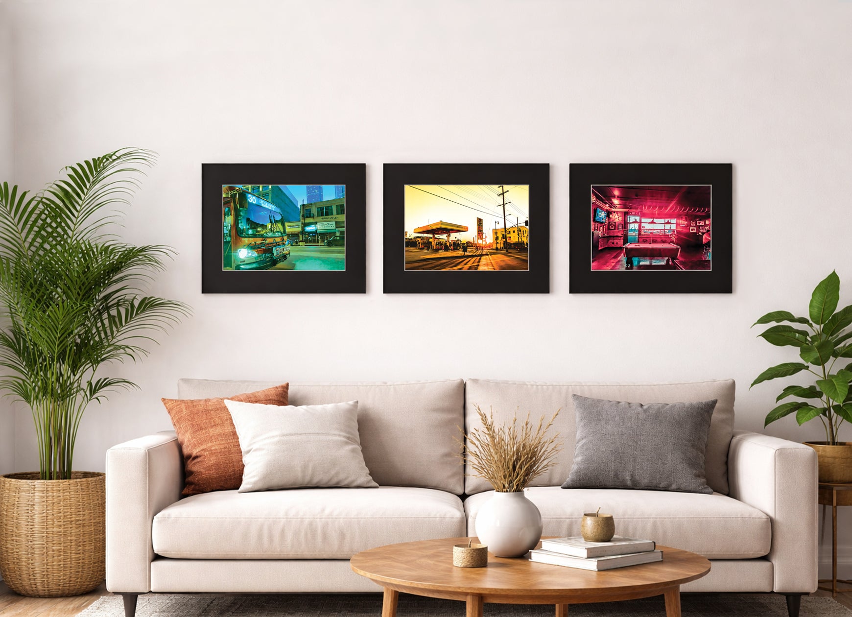 Example of a three-piece atmospheric photography series displayed on a wall