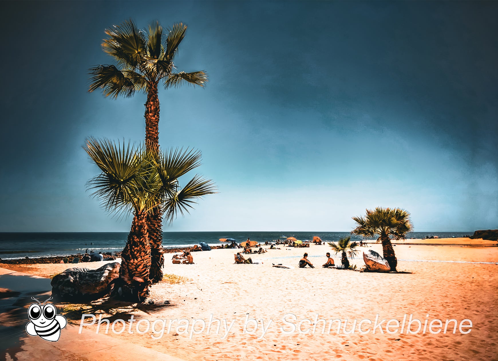 Framed photograph of a beach scene with palm trees and people sitting relaxed around