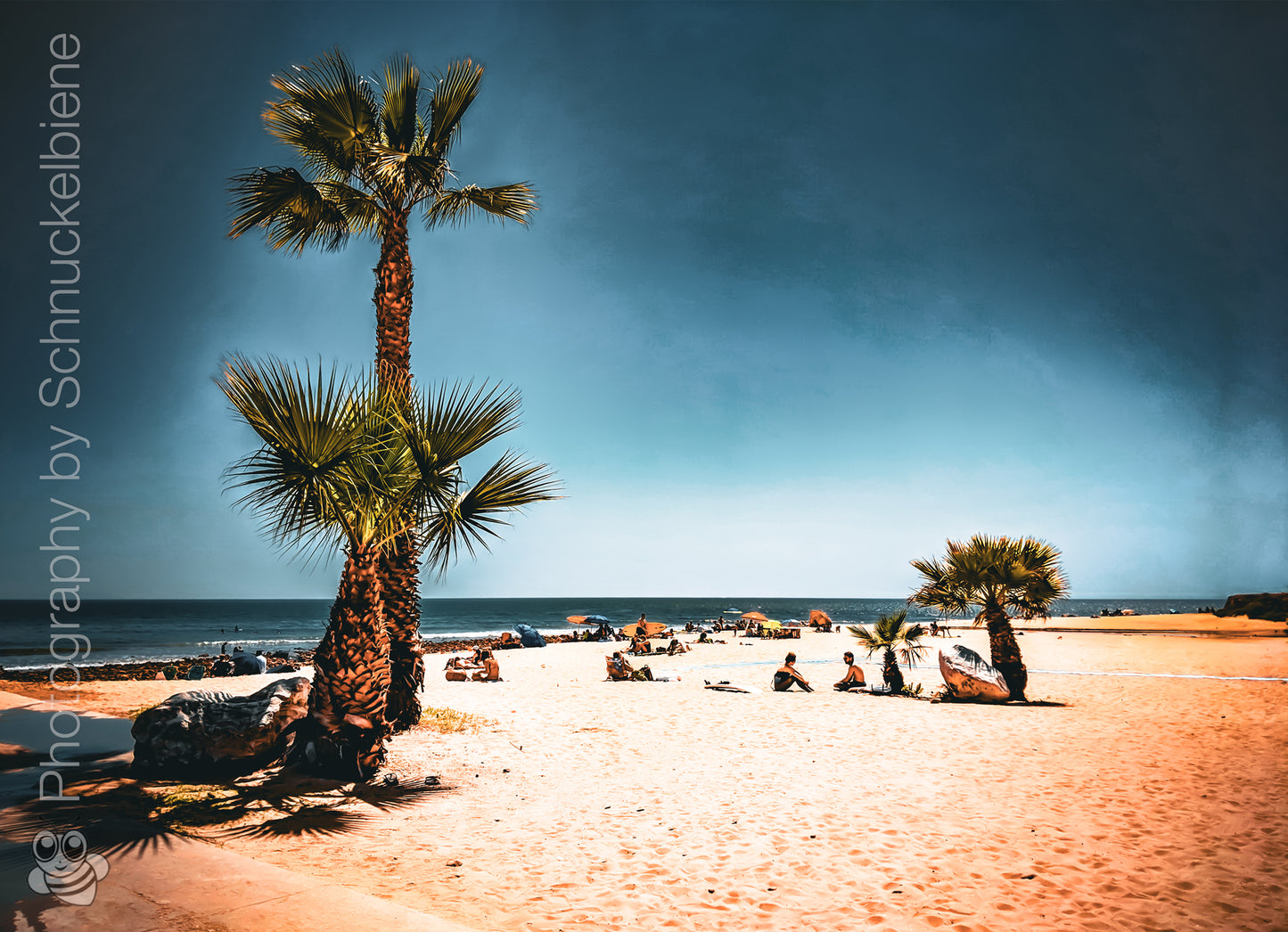 Framed photograph of a beach scene with palm trees and people sitting relaxed around