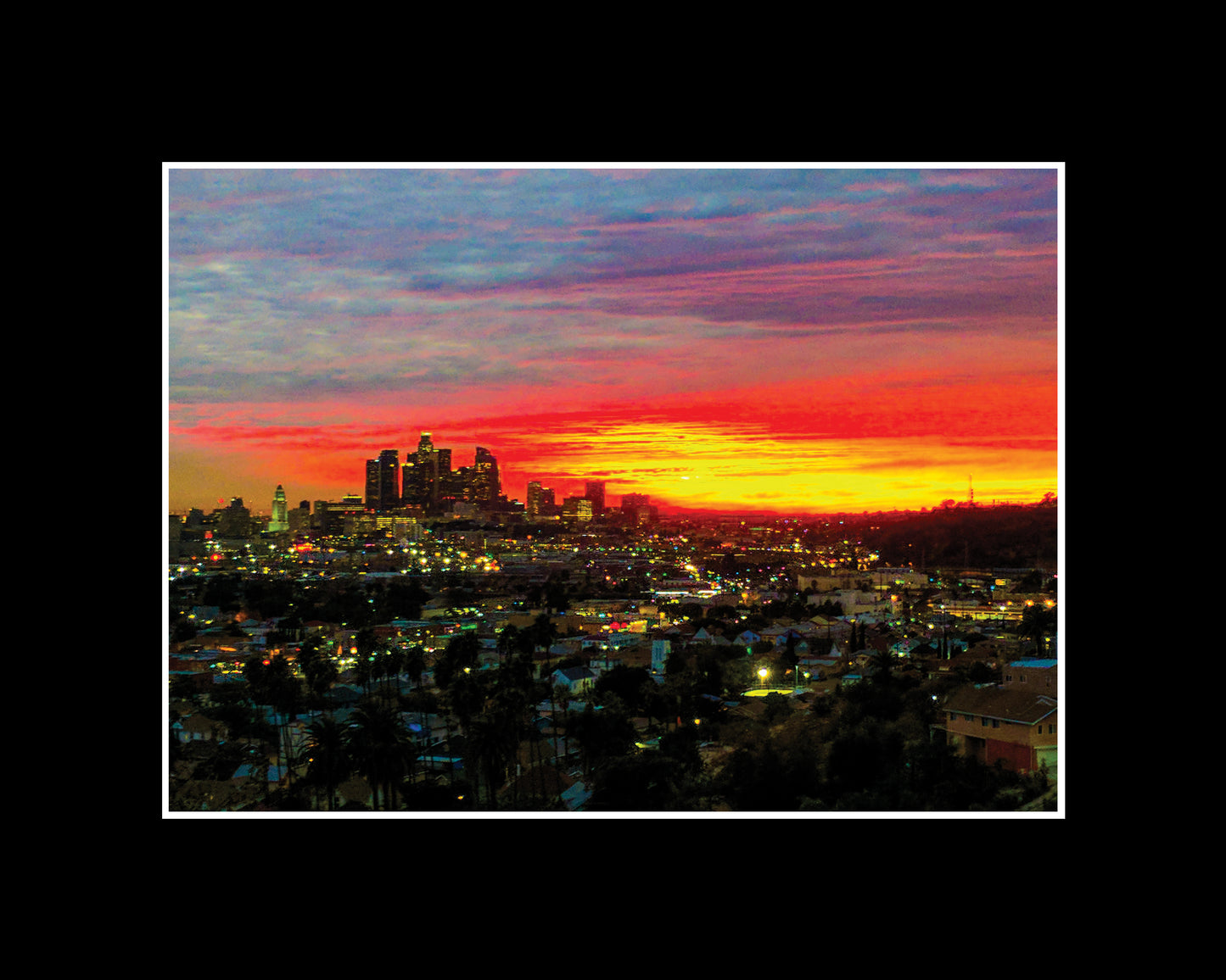 Photography print of a rare view of the skyline of downtown Los Angeles with street lights