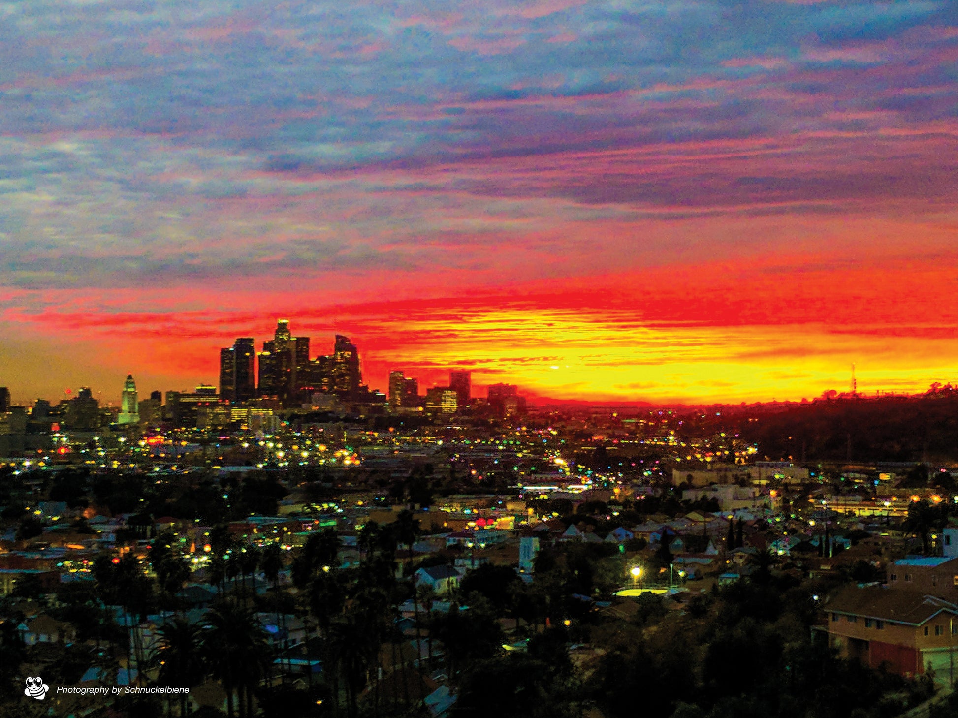 Photography print of a rare view of the skyline of downtown Los Angeles with street lights