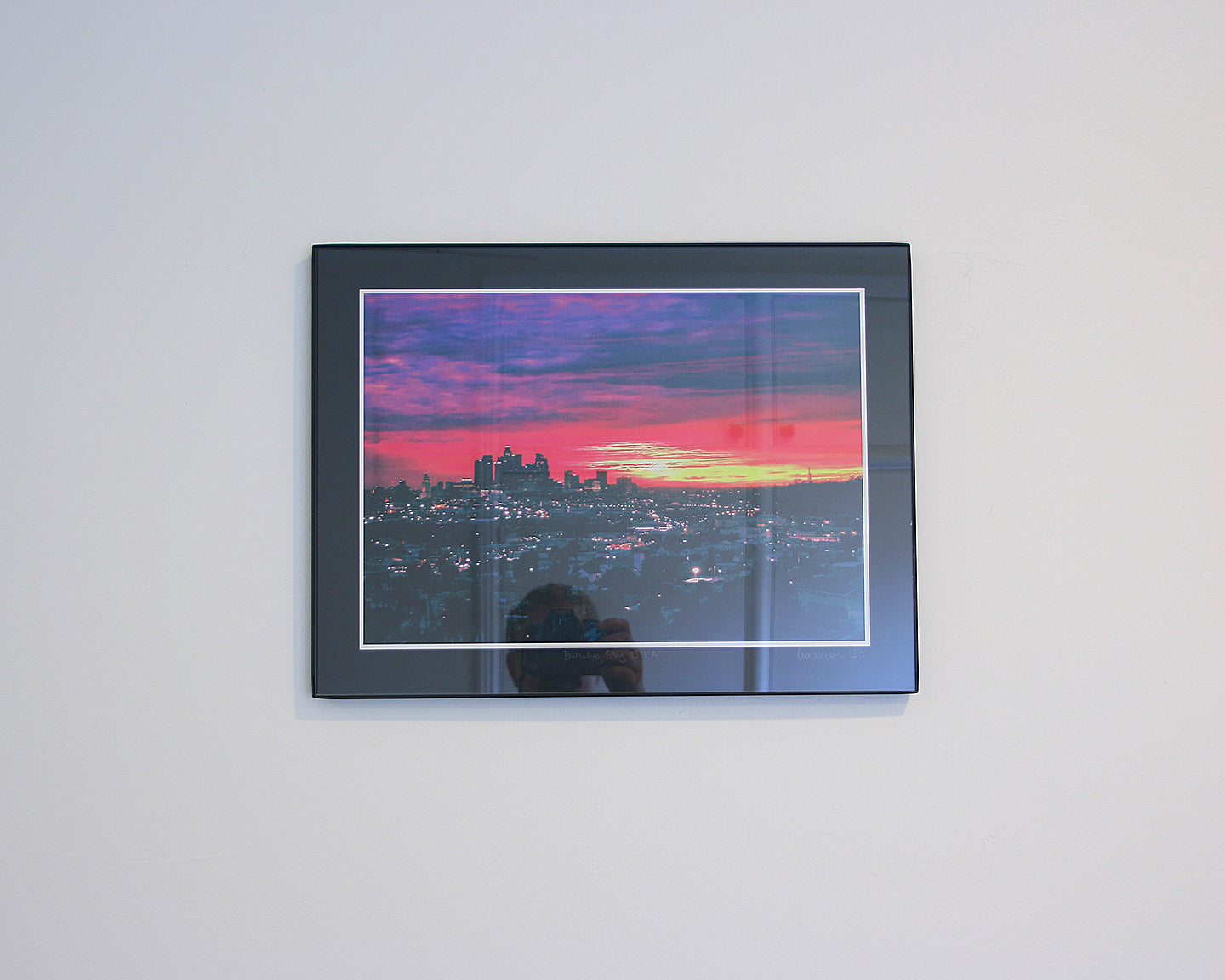Framed photography print of a rare view of the skyline of downtown Los Angeles with street lights