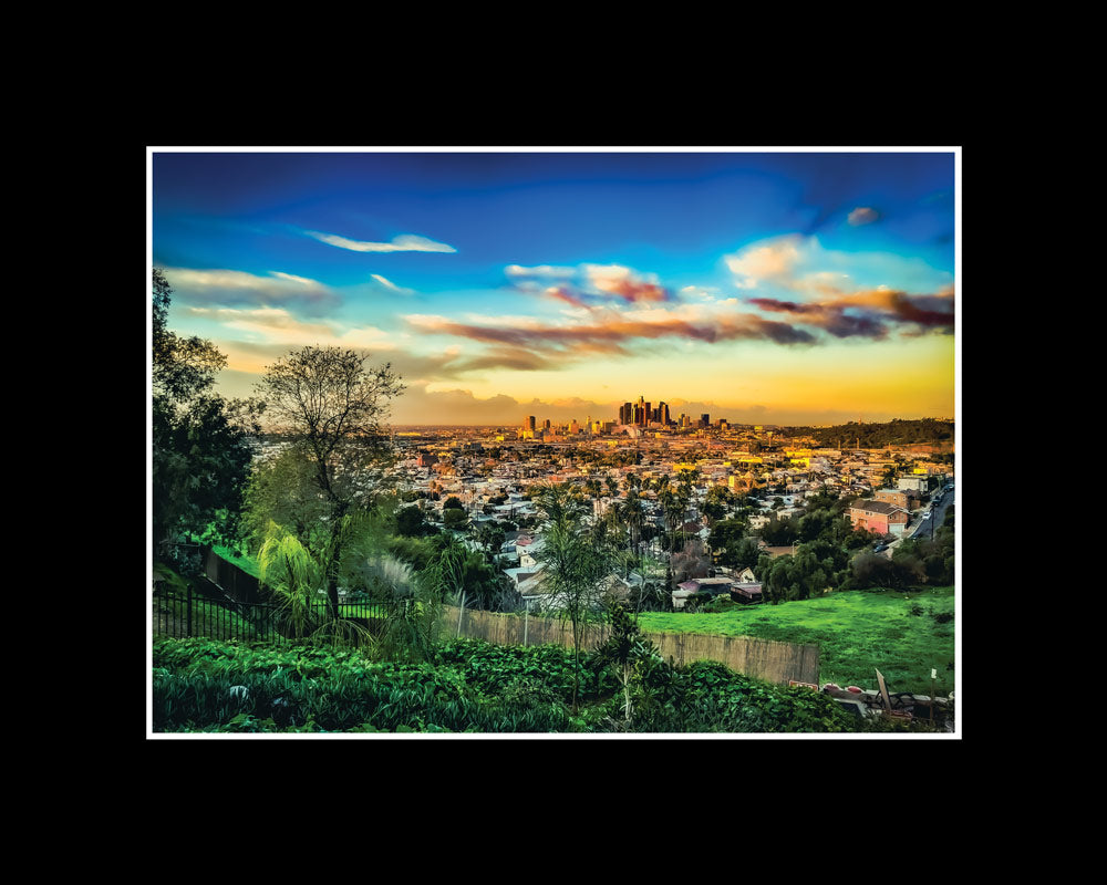 Framed photography print of the sunrise over the skyline from downtown Los Angeles