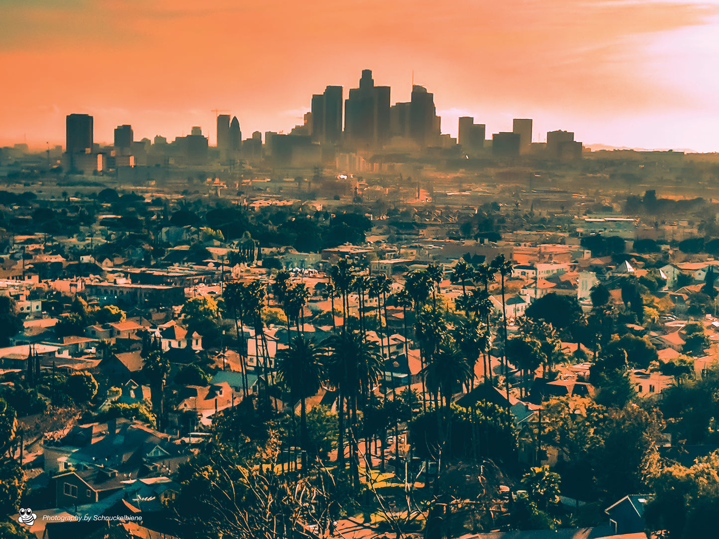 Photo print of hazy Downtown Los Angeles skyline, capturing a soft, atmospheric city view from above