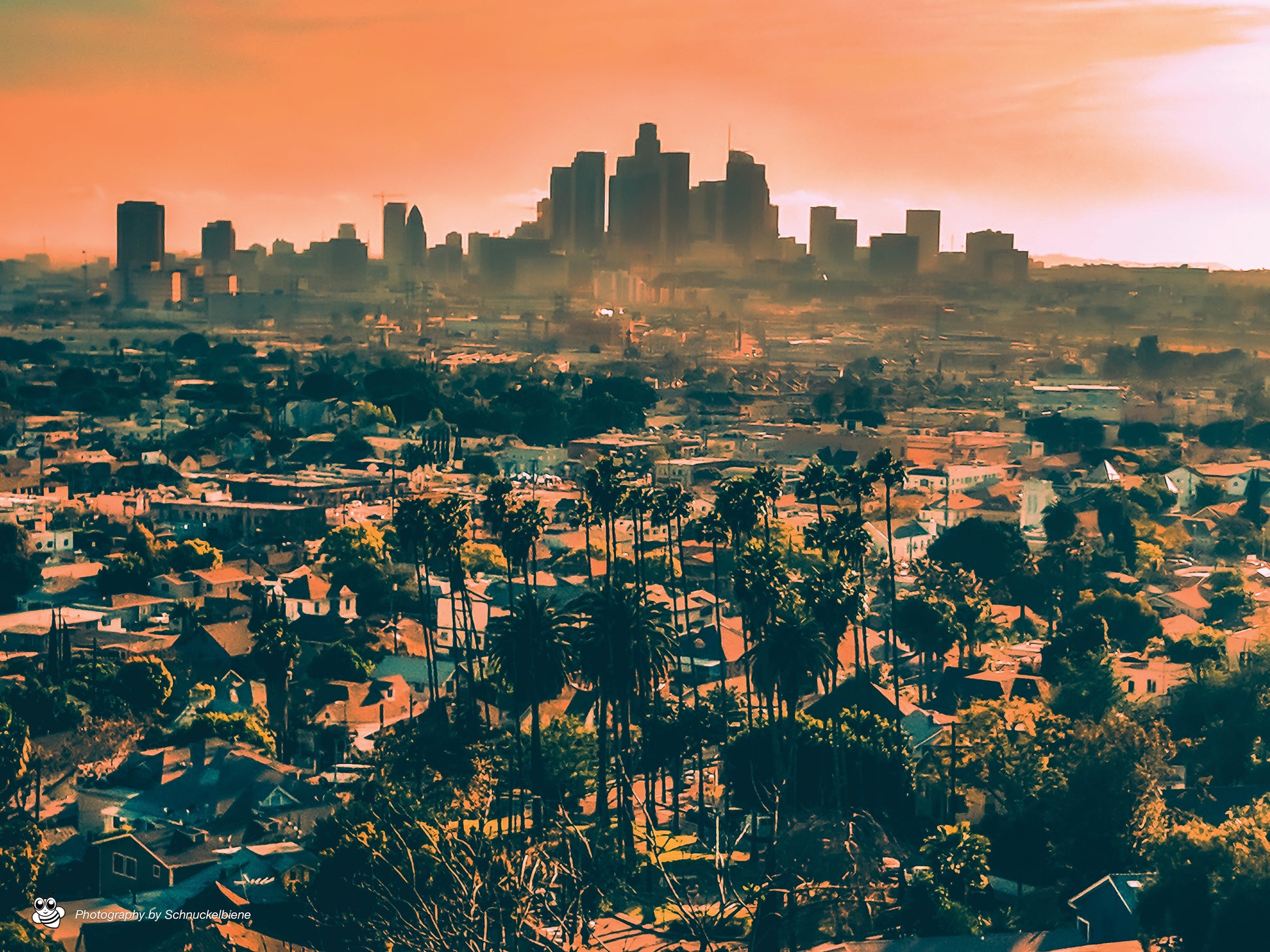 Photo print of hazy Downtown Los Angeles skyline, capturing a soft, atmospheric city view from above